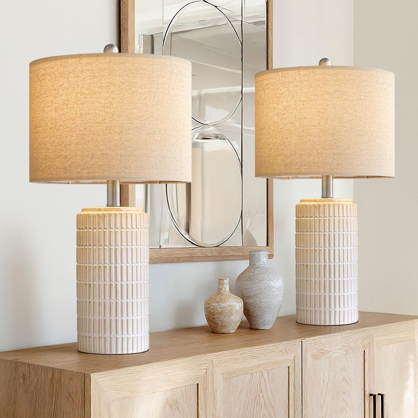 PoKat 20.75" Small Modern Ceramic Table Lamps Set of 2 for Bedroom, White Bedside Lamps for Night Stands, Farmhouse Desk Decor Gift Nightstand Table Lamps for Living Room End Table Beige
