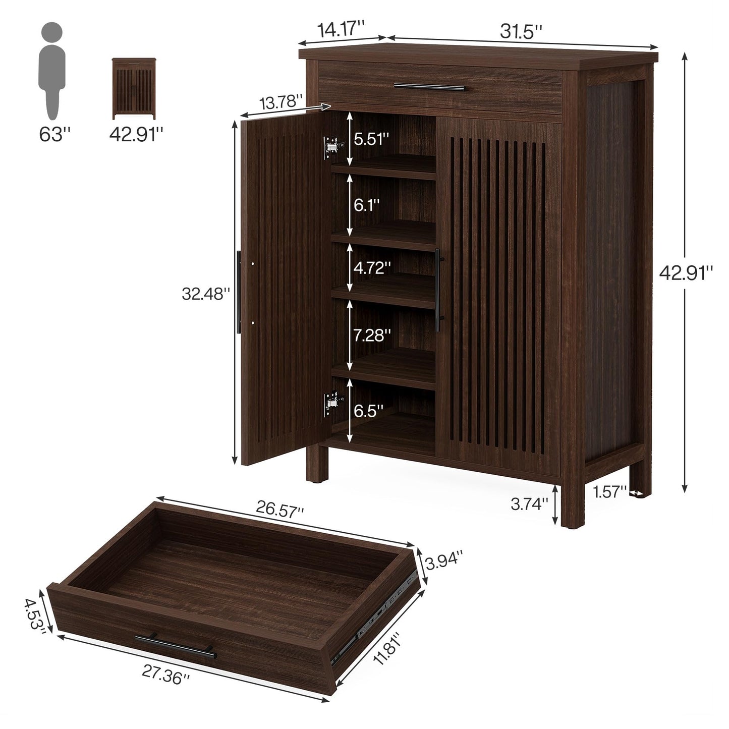 Tribesigns Shoe Cabinet, 5-Tier Shoe Storage Cabinet with Louvered Doors and Drawer, Freestanding Wooden Shoe Rack Organizer with Adjustable Shelves for Entryway, Hallway, Closet, Brown