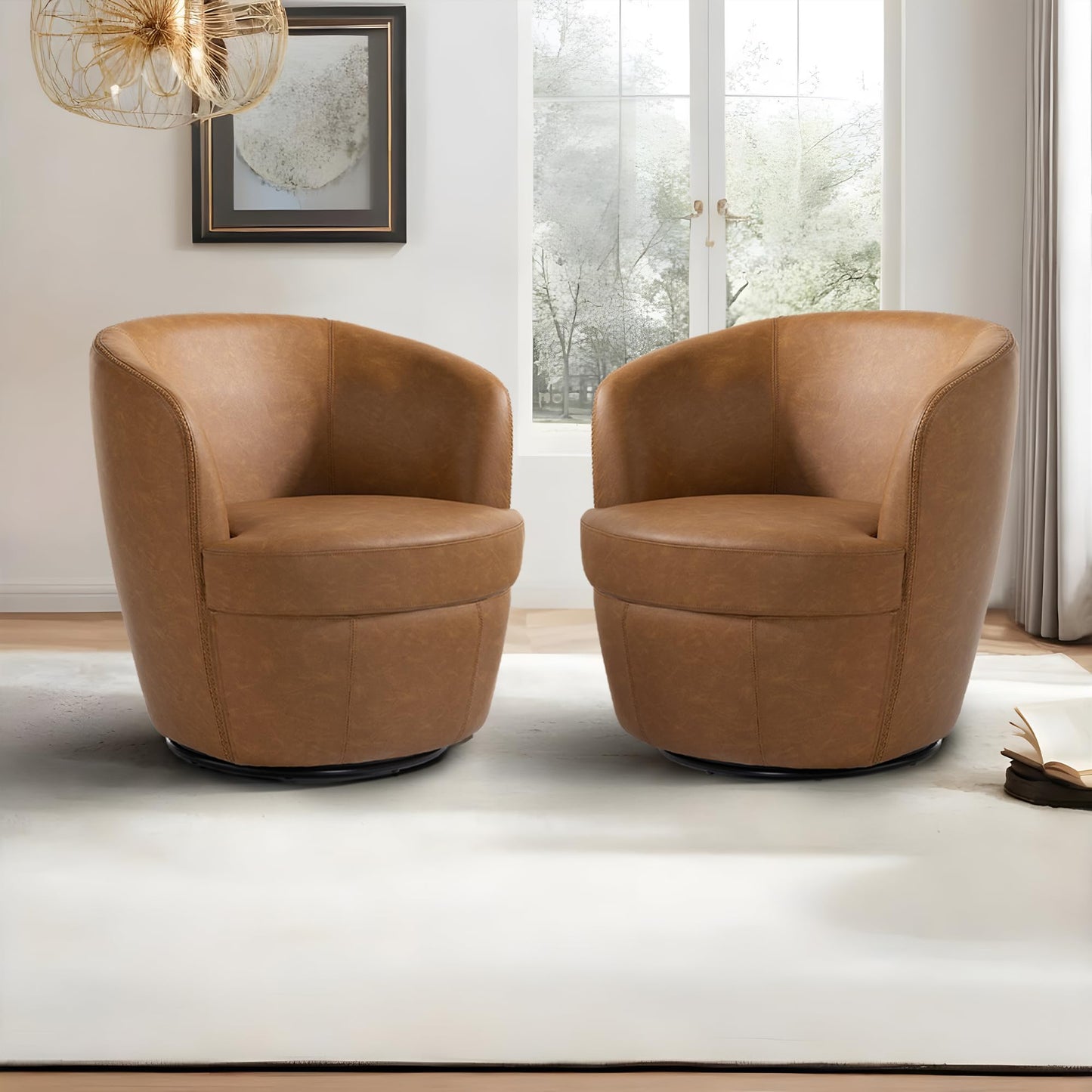 360° Swivel Barrel Accent Chair, Faux Leather Round Swivel Chair for Living Room, Comfy Upholstered Armchair Single Sofa Club Chair for Bedroom Reading Room, No Assembly Required - Light Brown