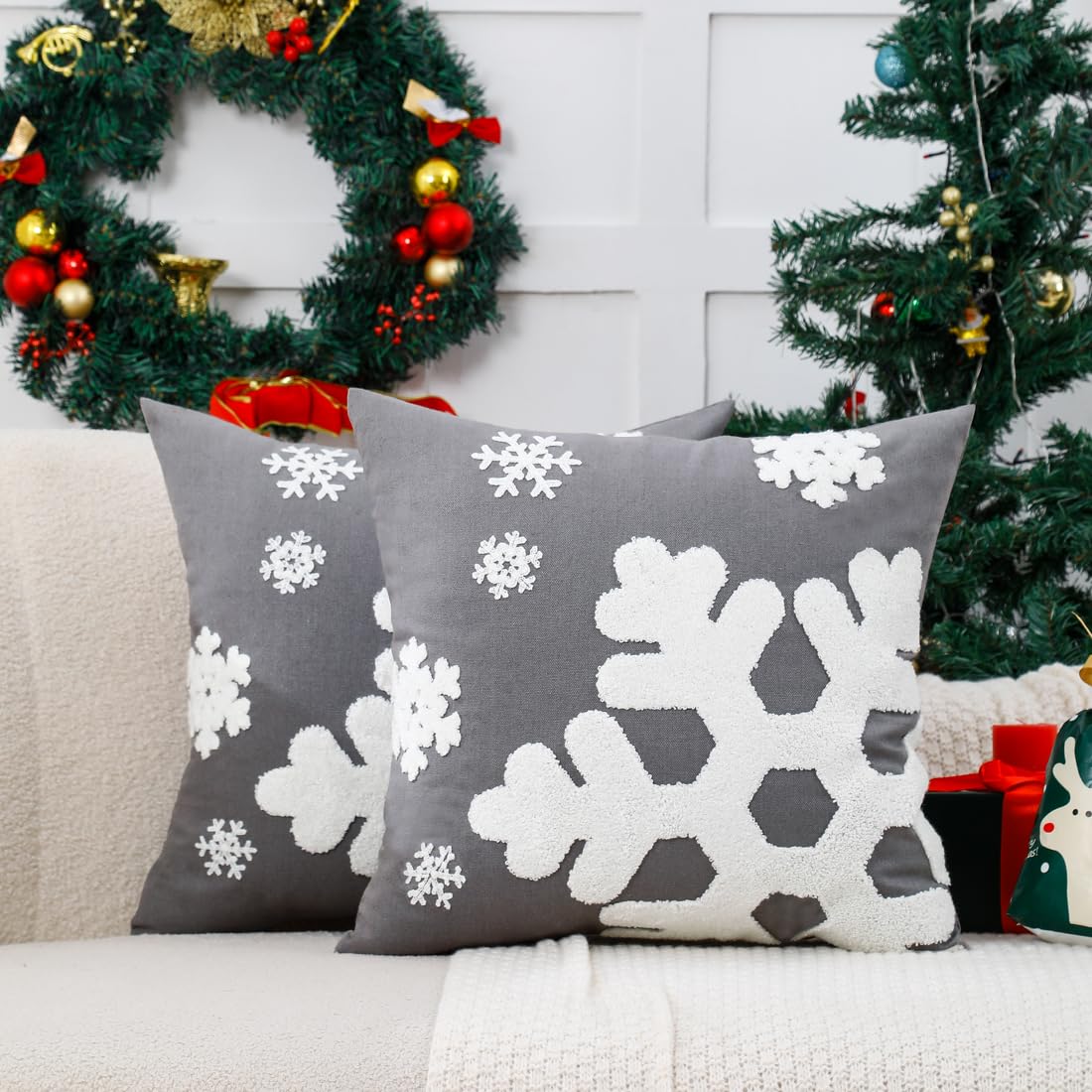VAKADO Christmas Throw Pillow Covers 18x18 Set of 2 Embroidered Snowflake Decorative Xmas Cushion Cases Holiday Soft Home Decor for Bedroom Sofa Chair Porch Winter, Blue