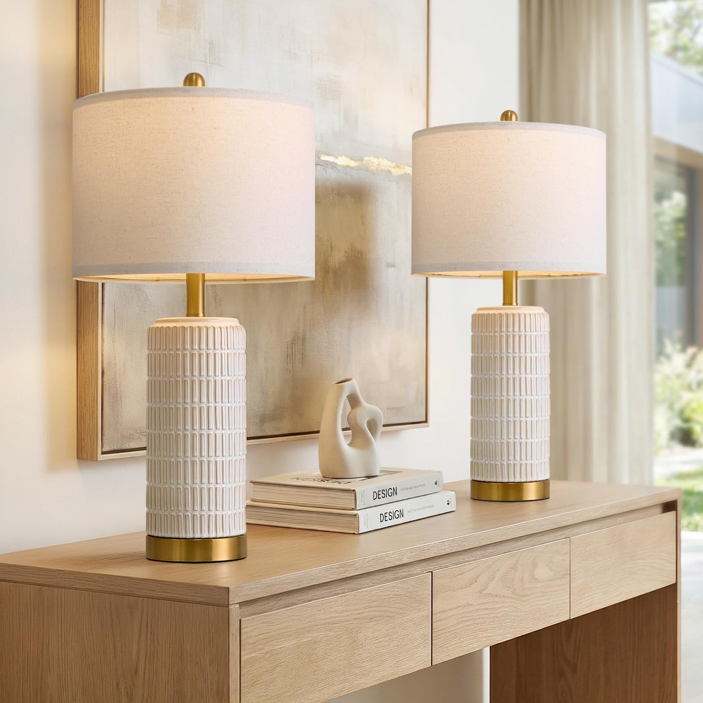 PoKat Small Bedside Table Lamps Set of 2 for Bedroom Living Room, 21.5'' Modern Ceramic Nightstand Lamps with Gold Base, Farmhouse Table Lamps for Office End Side Table Console, White and Beige