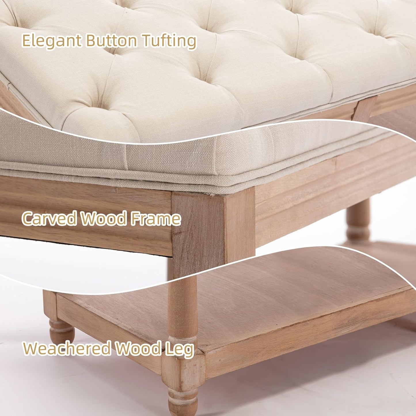 IOMOR Tufted Long Entryway Bench with Storage Shelf, 45” French Mid Century Modern Upholstered Dining Benches, Fabric End of Bed Bench for Bedroom, Dining Room, Living Room