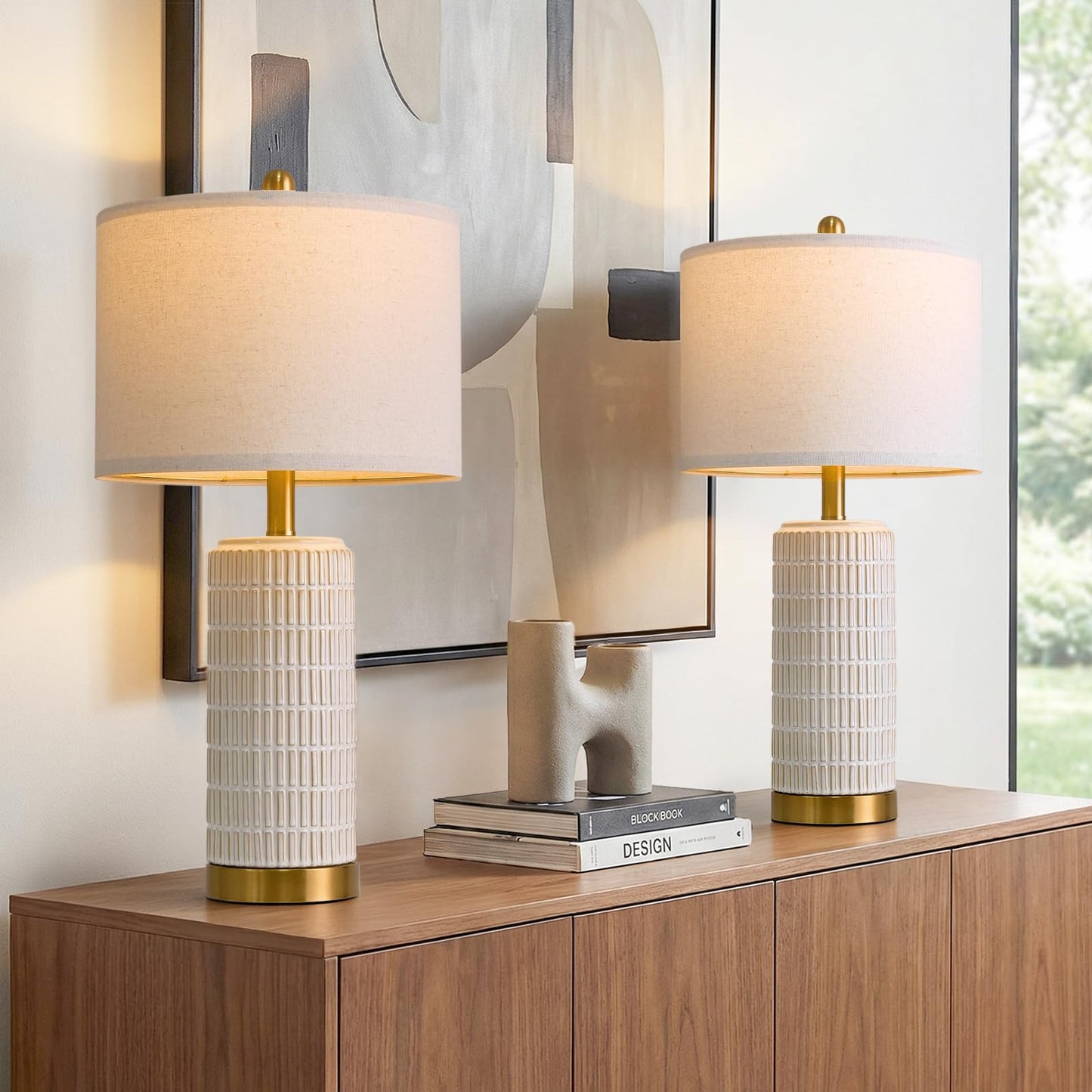 PoKat Small Bedside Table Lamps Set of 2 for Bedroom Living Room, 21.5'' Modern Ceramic Nightstand Lamps with Gold Base, Farmhouse Table Lamps for Office End Side Table Console, White and Beige