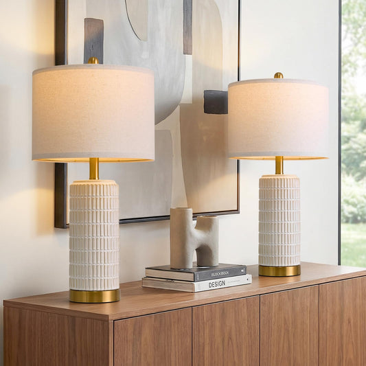 PoKat Small Bedside Table Lamps Set of 2 for Bedroom Living Room, 21.5'' Modern Ceramic Nightstand Lamps with Gold Base, Farmhouse Table Lamps for Office End Side Table Console, White and Beige
