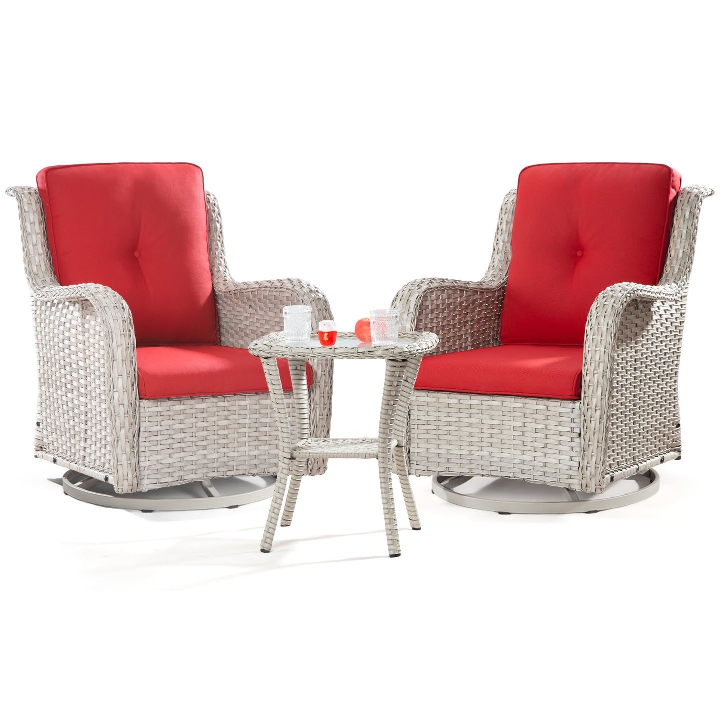 Joyside Outdoor Swivel Rocker Patio Chairs Set of 2 and Matching Side Table - 3 Piece Wicker Patio Bistro Set with Premium & Soft Fabric Cushions(Light Grey/Red)