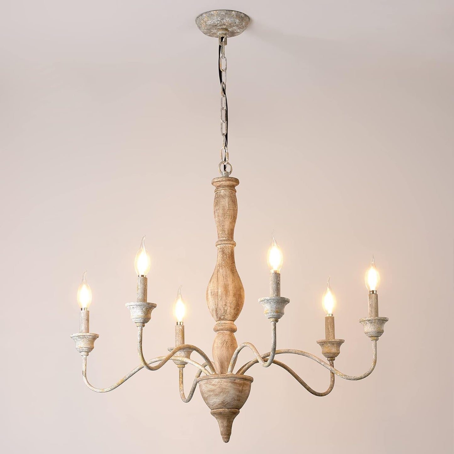 6 Bulb French Country Chandeliers, Large Wood Pendant Light Fixture for Dining Room, Rust Arm Farmhouse Chandelier, Hanging Light for Living Room, Height Adjustable, D29.5 x H24.4
