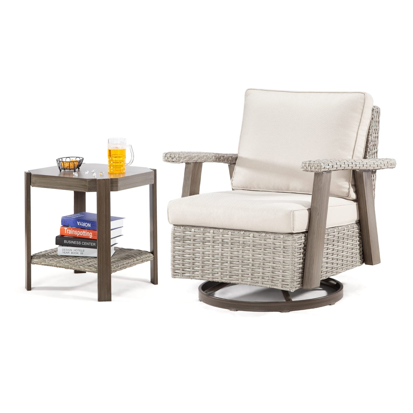 Joyside Patio Chair - Outdoor 360 Degree Swivel Rocker Chair with Durable Fabric Cushion and Ergonomic Structure, Patio Wicker Dining Chair(Grey/Dark Blue)