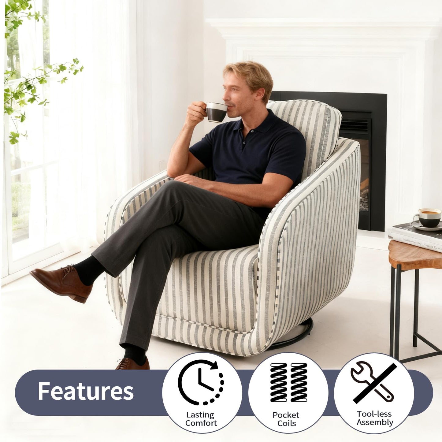 IOMOR Swivel Barrel Accent Chair, 360 Degree Comfy Swivel Reading Chair with Removable Back, Modern Sofa Chair with Oversize Base for Living Room, Bedroom, Office, Fully Assembled (1, Blue Stripe)