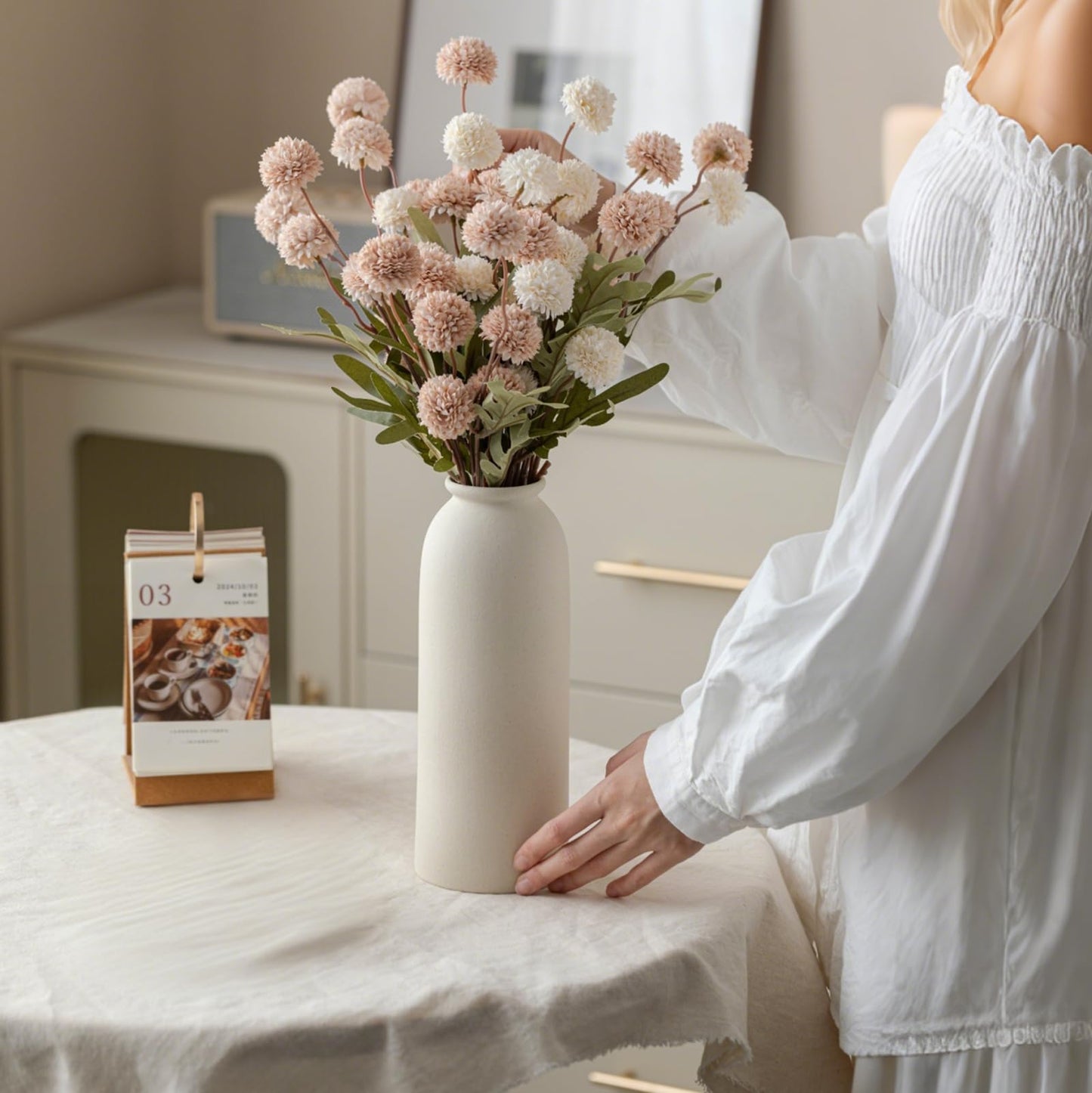 Ceramic Vase Set-3, Small Flower Vases for Decor, Modern Boho Farmhouse Style, Decorative Vases for Pampas Grass & Dried Flowers, Distressed Finish (Beige)