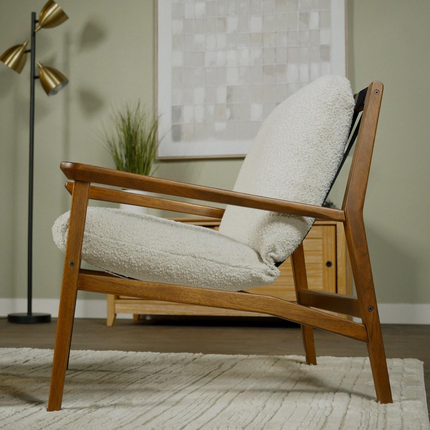 Grain Wood Furniture Solid Wood Mid Century Lounge Chair with Stone Gray Cushions