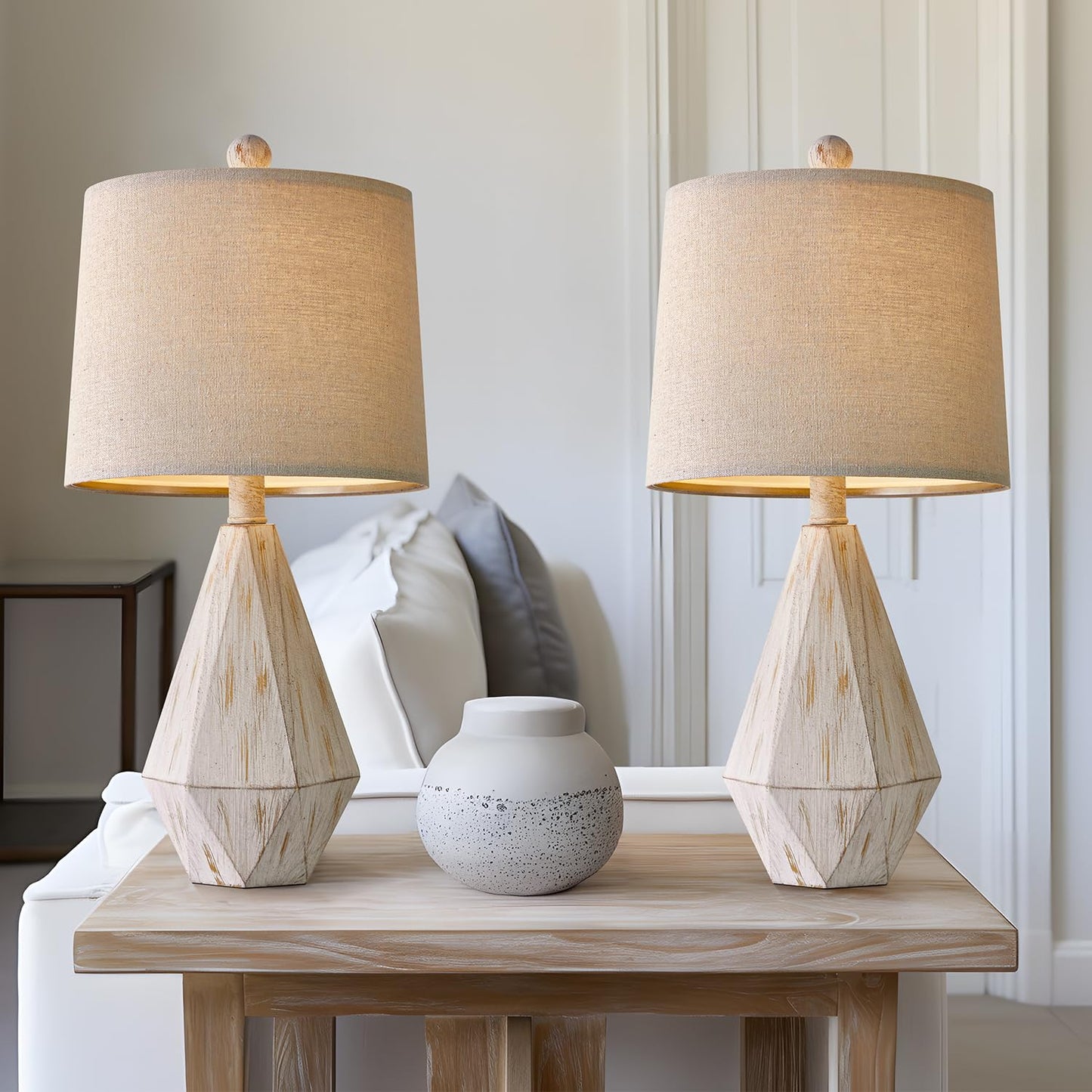 PoKat 20.25" Retro Farmhouse Table Lamp Set of 2 - Living Room & Bedroom Rustic Linen Bedside Nightstand Lamps for Kids, Study, Office - Resin, Suitable for Small Places
