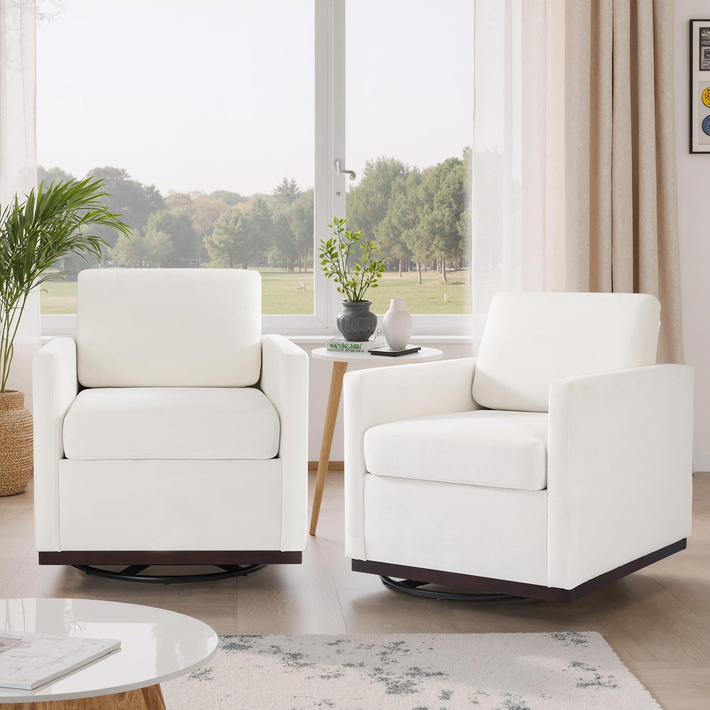 Swivel Accent Chairs Set of 2, 360° Swivel Upholstered Faux Leather Club Armchairs for Living Room, Comfy Single Sofa Reading Chair with Deep Seat, Metal Swivel Base, Coffee