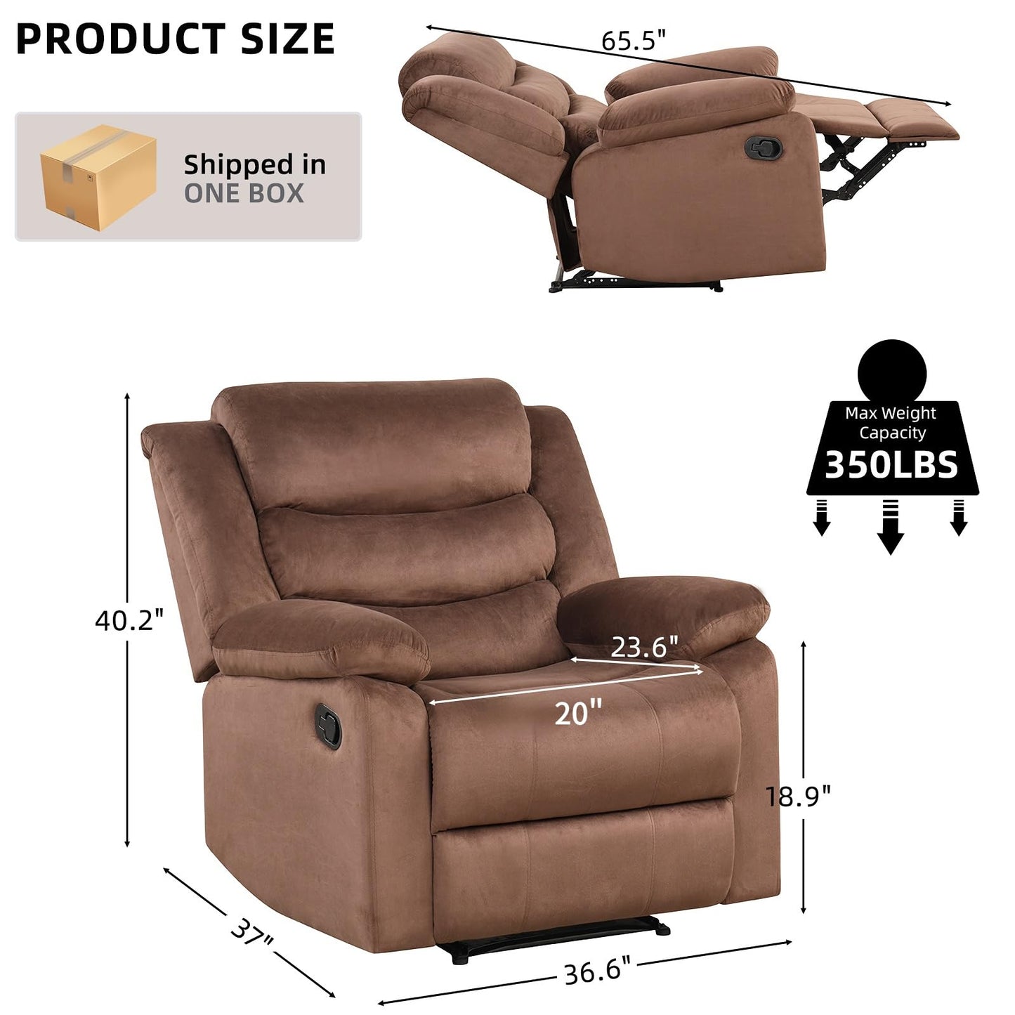 IOMOR Manual Recliner Chair with Overstuffed Arm and Extra-Padded Back, Breathable PU Leather Reclining Chair for Adults, Single Sofa for Living Room, Bedroom (Dark Brown)