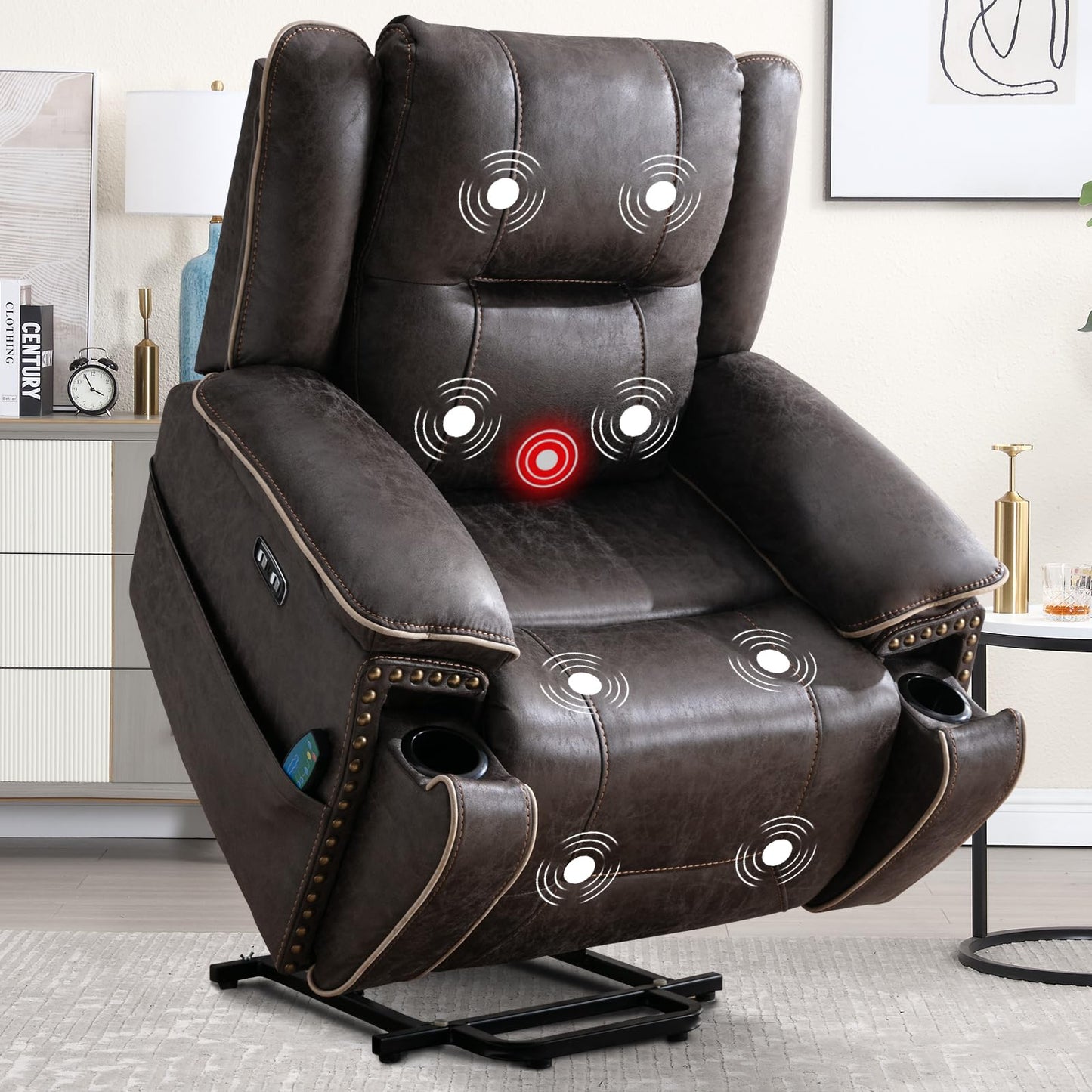 IOMOR Dual Motor Power Lift Chair for Elderly, Heavy Duty & Safety Motor Reclining Chair with Massage and Heat, Faux Leather Electric Wider Recliner with USB, 2 Concealed Cup Holders (1, Smoke Gray)