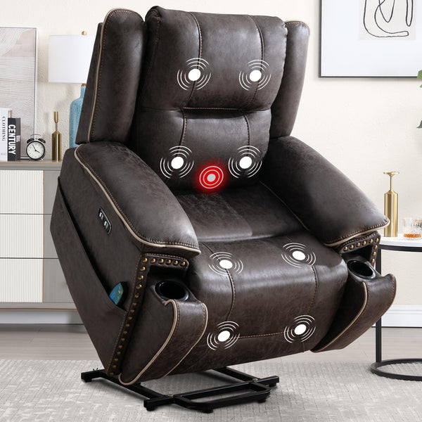 IOMOR Dual Motor Power Lift Chair for Elderly, Heavy Duty & Safety Motor Reclining Chair with Massage and Heat, Faux Leather Electric Wider Recliner with USB, 2 Concealed Cup Holders (1, Smoke Gray)