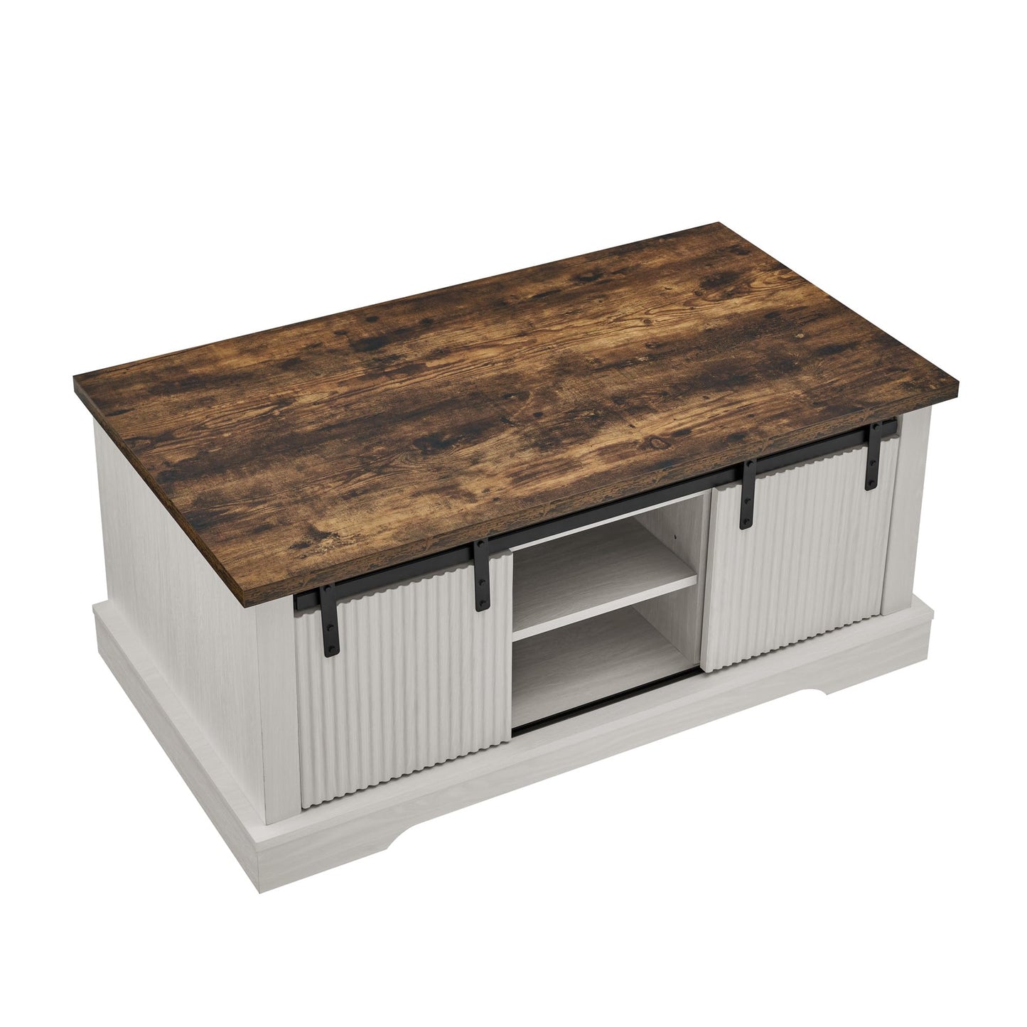LKTART Farmhouse Coffee Table with Storage and Sliding Barn Door, Rustic Rectangular Center Table for Living Meeting Room,Office (41.3" W x 23.3" D)