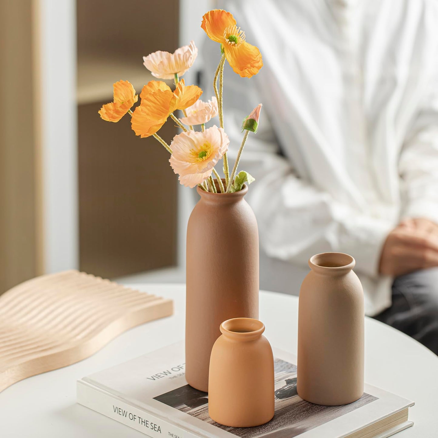 Ceramic Vase Set-3, Small Flower Vases for Decor, Modern Boho Farmhouse Style, Decorative Vases for Pampas Grass & Dried Flowers, Distressed Finish (Beige)