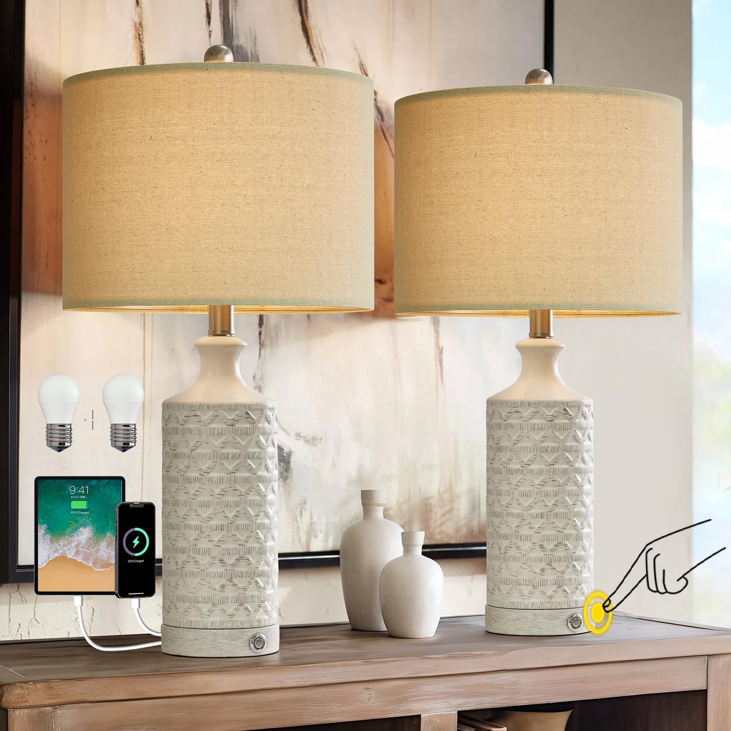 PoKat 24" Modern Contemporary Ceramic Lamp Set of 2 for Living Room White Desk Decor Lamps for Bedroom Farmhouse Bedside Nightstand End Table Lamps, White and Grey
