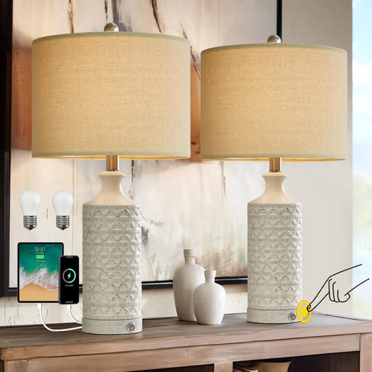 PoKat 24" Modern Contemporary Ceramic Lamp Set of 2 for Living Room White Desk Decor Lamps for Bedroom Farmhouse Bedside Nightstand End Table Lamps, White and Grey