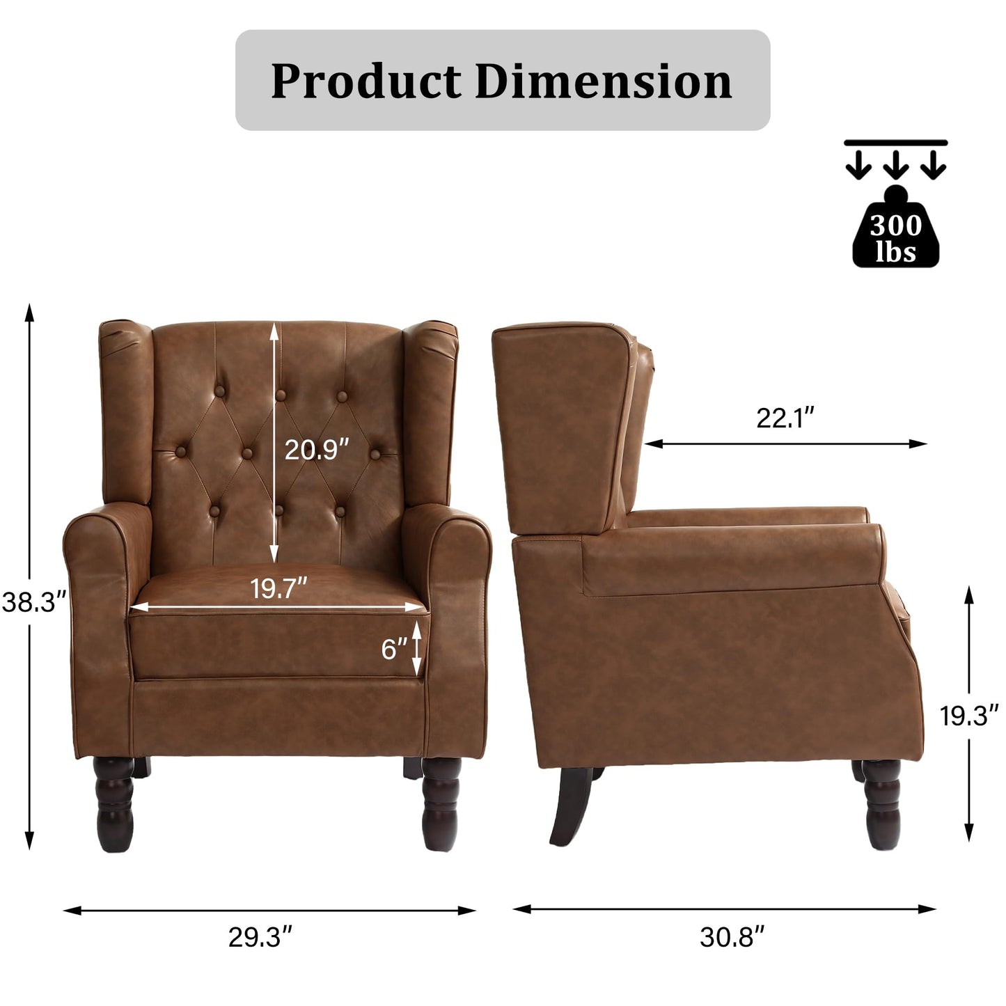 Faux Leather Wingback Chairs Set of 2, High Back Accent Chair for Living Room, Button-Tufted Upholstered Armchair with Solid Wood Legs, Comfy Reading Chair for Bedroom, Brown
