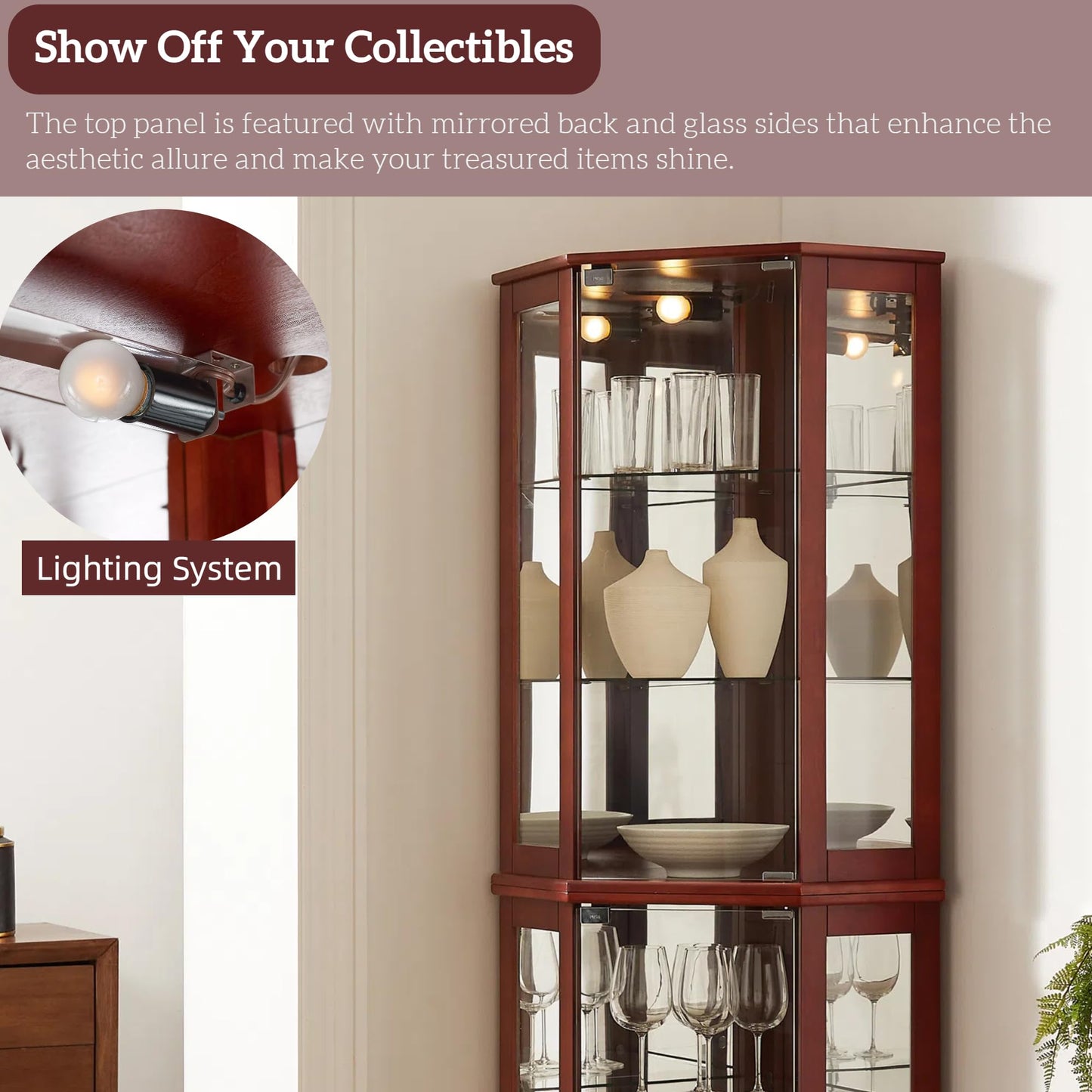 LKTART Corner Curio Cabinet with Lights, Glass Display Cabine, 72" Tall Corner Storage Cabinet with Mirrored Back Panel &Tempered Glass Doors and Adjustable Shelves (Oak)