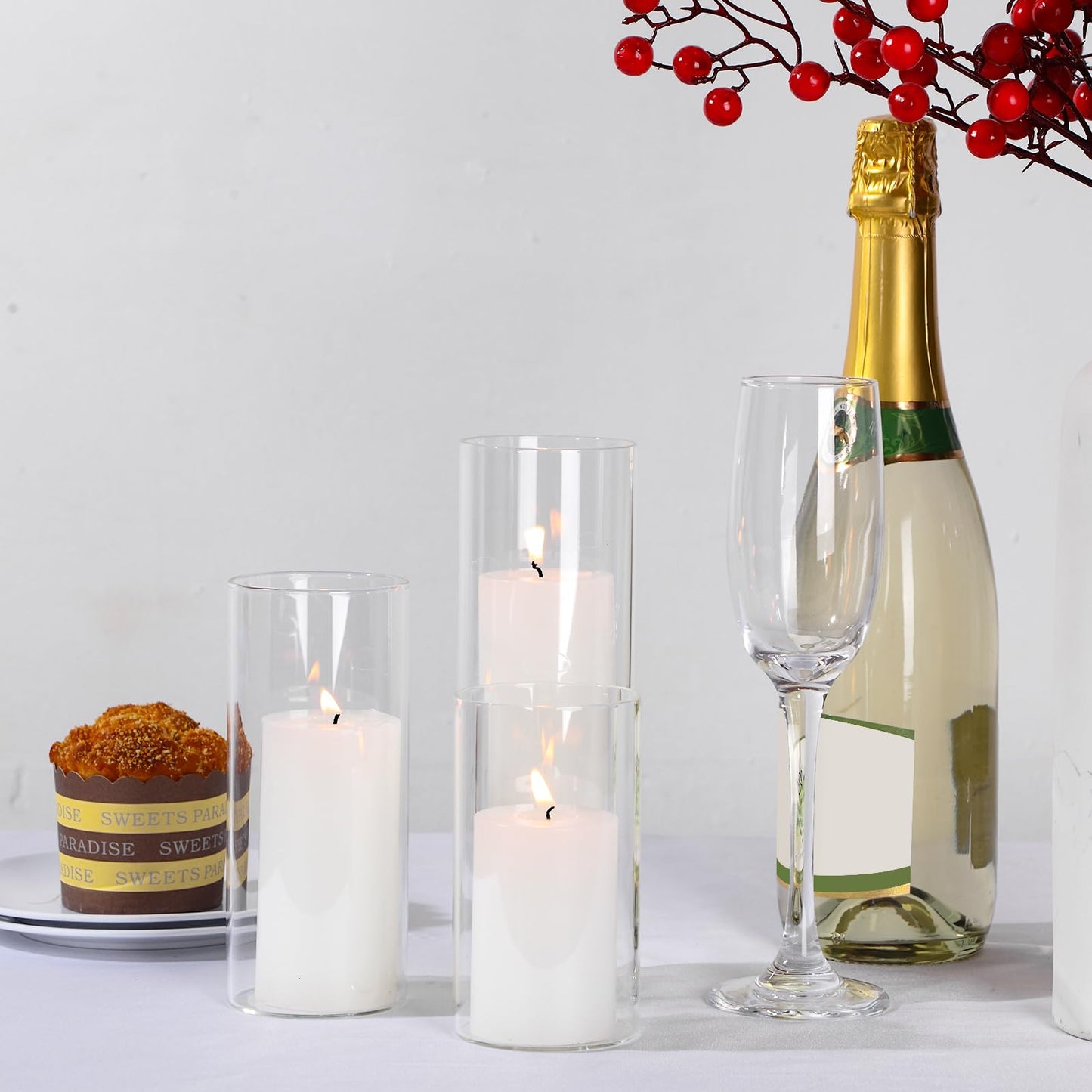 Shihanee Set of 3 Pillar Candles and 3 Glass Cylinder Candle Vases Holders Clear Pillar Jars for Wedding Centerpieces(3'' x 5.9'', 7.9'', 9.8'',Ivory White)