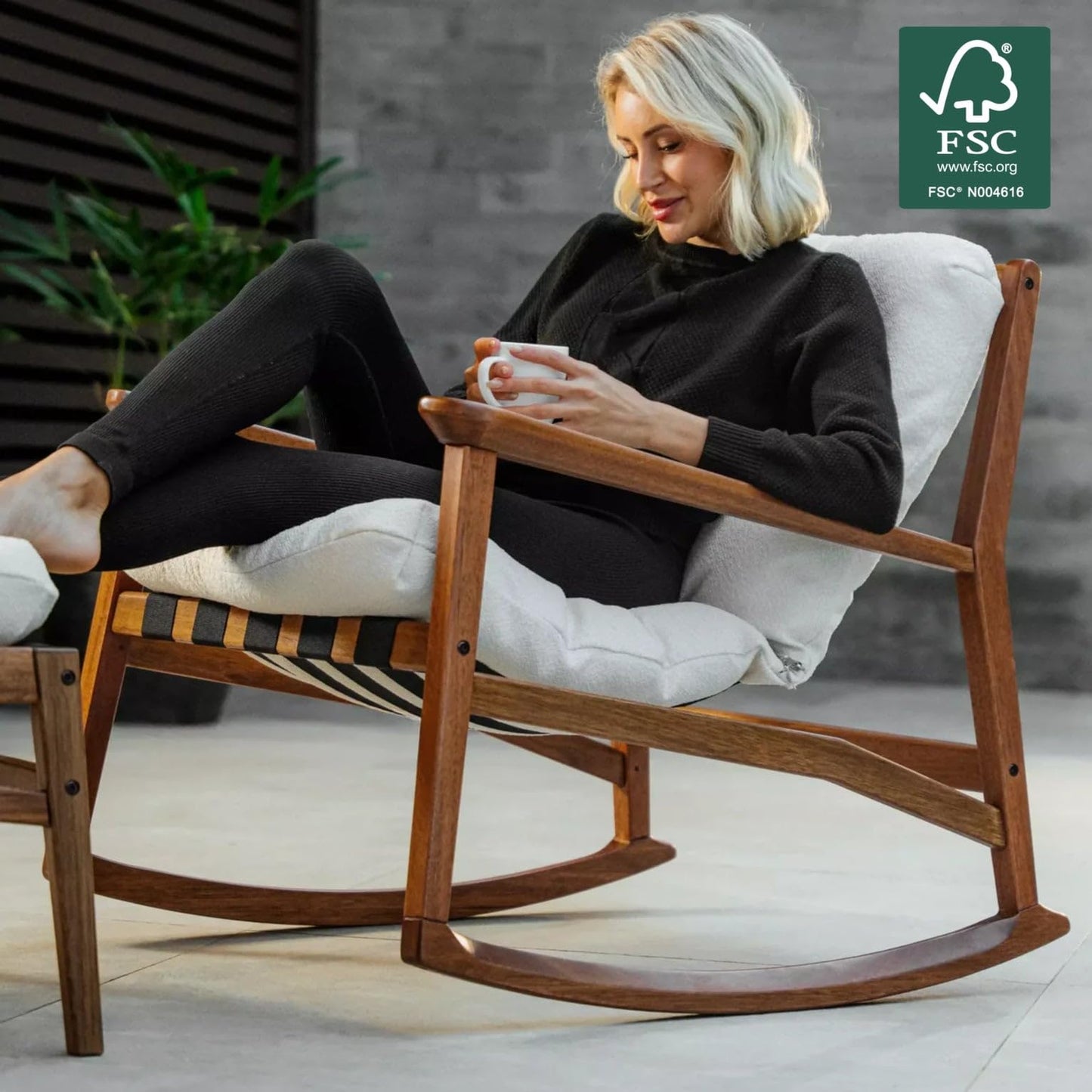 Grain Wood Furniture Solid Wood Mid Century Rocking Chair with Off-White Performance Boucle Cushions