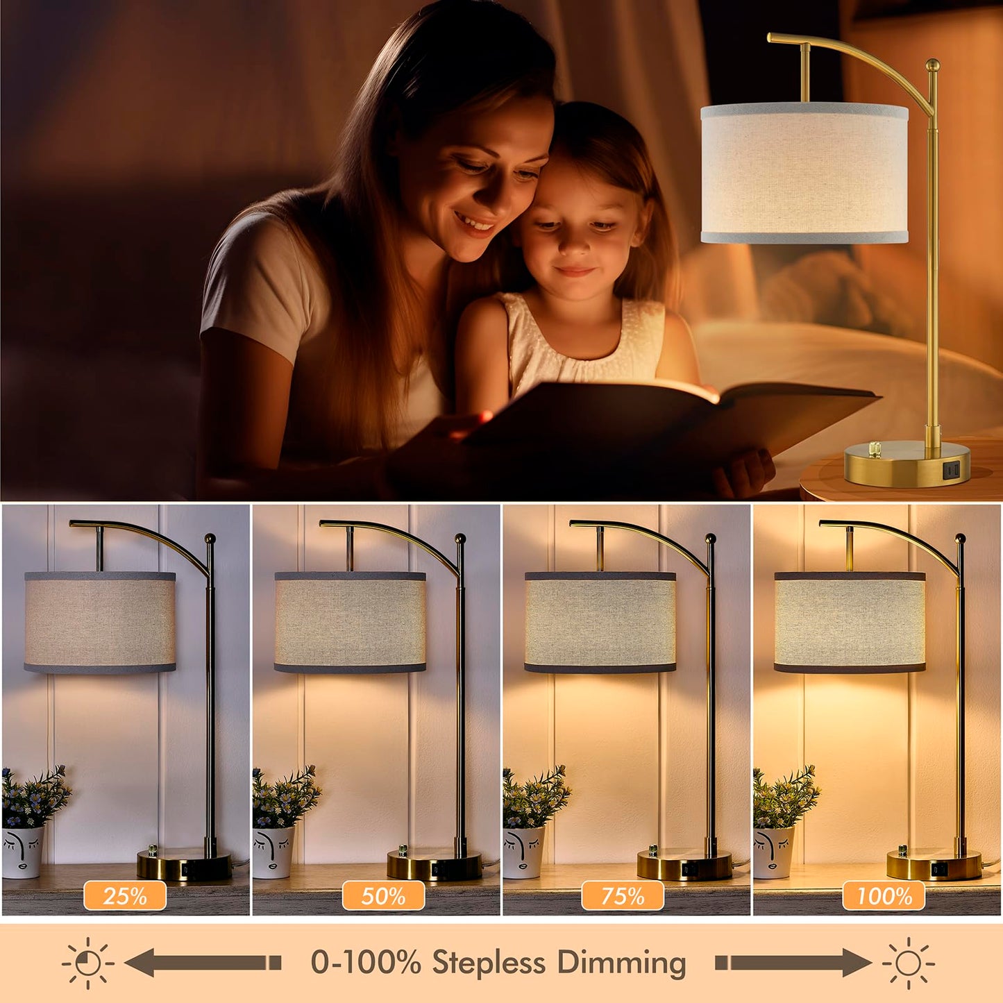 Table Lamp for Living Room Bedroom, 23.5" Table Lamps Set of 2 with USB C+A Ports, Bedside Lamps for Nightstand with Linen Lamp Shades, 2 Dimmable LED Bulbs Included, Black