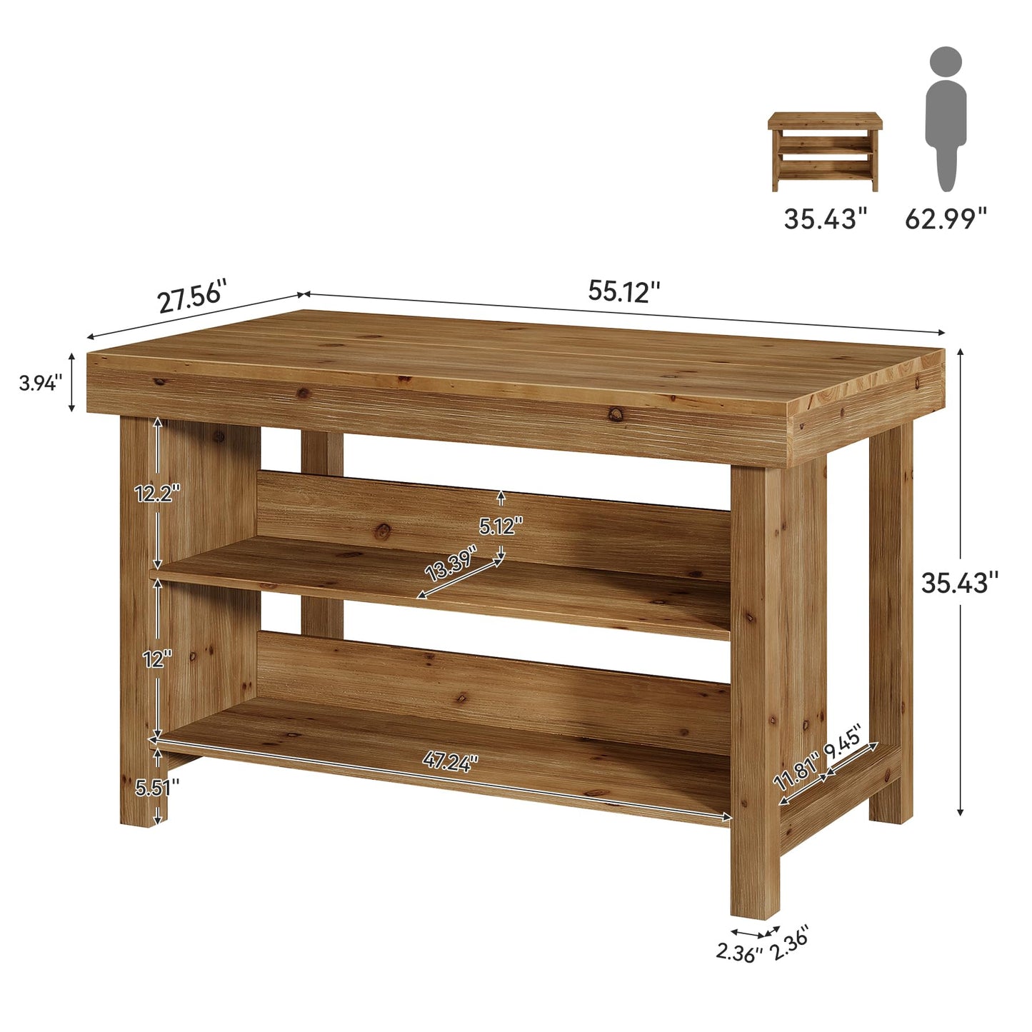 Solid Wood Large Kitchen Island, 3-Tier 55 Inch Stationary Center Island Table with Open Storage Shelves, Farmhouse Counter Height Coffee Bar for Kitchen, Dining Room, Living Room, Brown