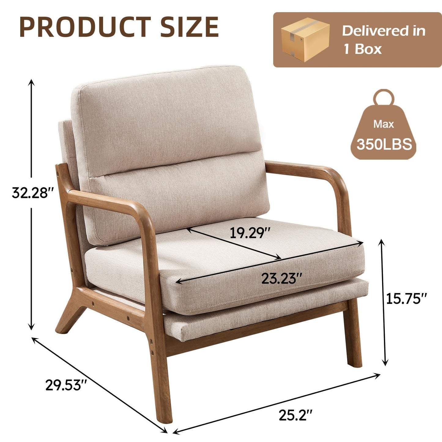 IOMOR Mid Century Modern Accent Chair with Solid Wood Frame Linen Fabric, Upholstered Living Room Chairs with Lumbar Cushion Padded Arms, Reading Armchair for Bedroom (1, Warm Beige)
