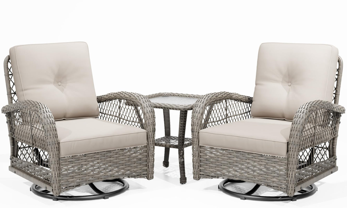 Joyside Patio Bistro Set, 3-Piece Outoodr Wicker Swivel Rocking Chair Set, Outdoor Patio Furniture Chair with Side Coffee Table & Durable Fabric Cushion(Brown/Beige)