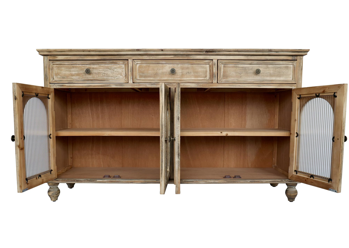 LKTART 60" Farmhouse Sideboard Buffet,Solid Fir Wood Frame with Hollowed-Out Carved Doors,Hand-Distressed Design,Versatile Storage Cabinet for Kitchen, Living Room,Natural Wood