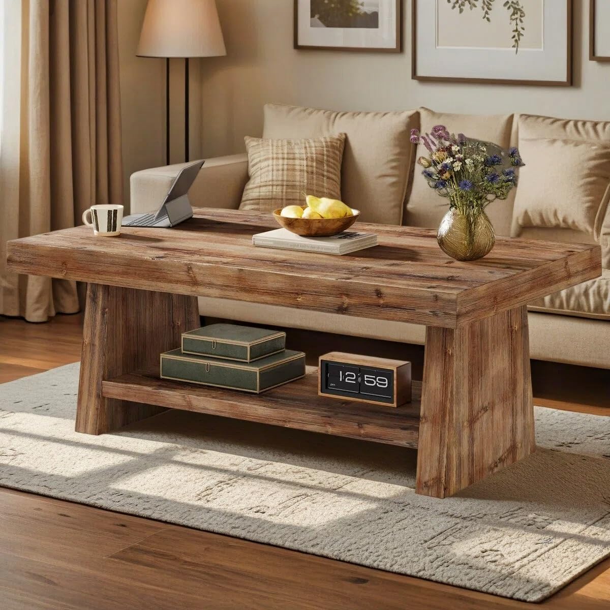 Solid Wood Coffee Table, 47-Inch Farmhouse Wooden Coffee Table for Living Room, 2-Tier Rectangular Center Table with Storage for Apartment, Home Office, Dark Brown