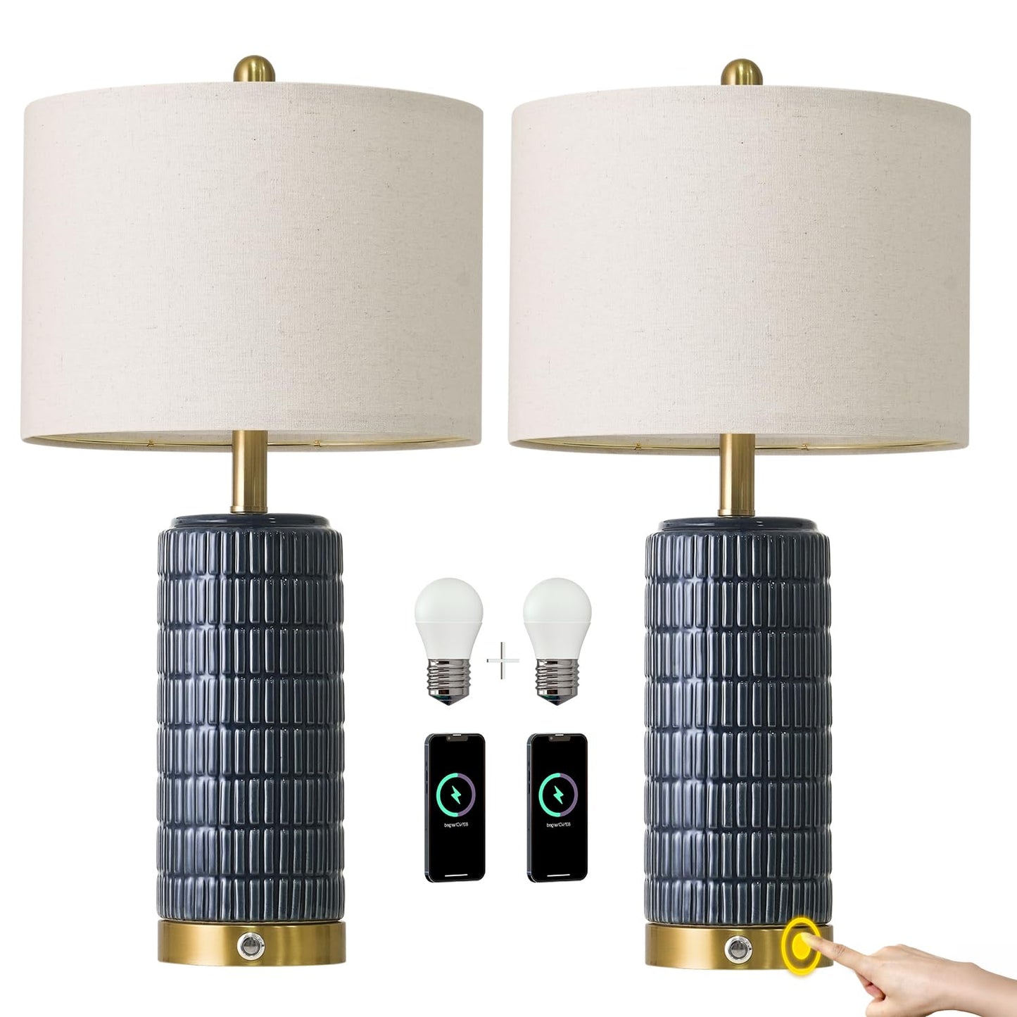 PoKat Touch Bedside Table Lamps with USB Ports for Bedroom Living Room, 25'' Dimmable Nightstand Touch Lamps for Living Room, Modern Ceramic Lamps for Night Stands Bedroom, Office, White and Beige