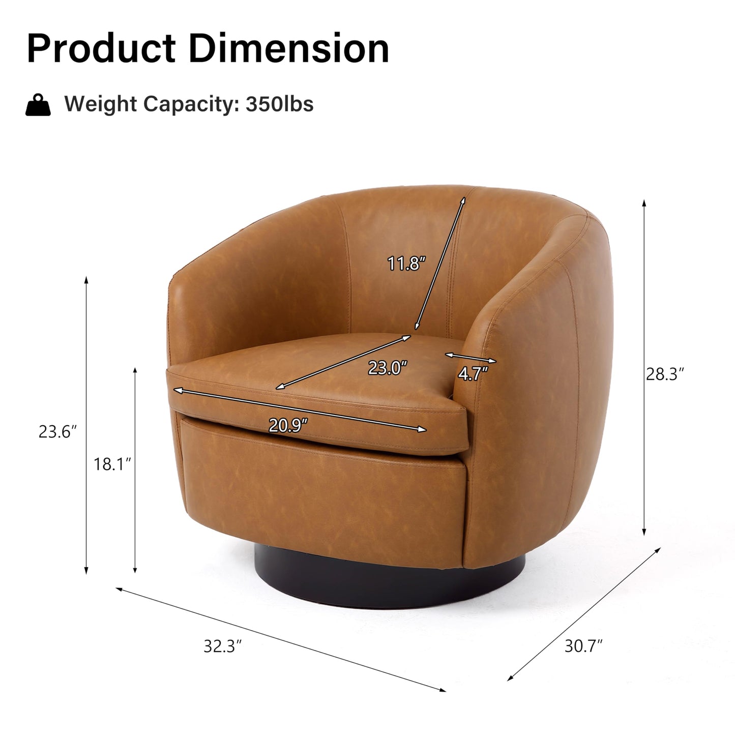 Faux Leather Swivel Barrel Chair, Modern Round Swivel Accent Chair with 360° Rotation, Upholstered Armchair Club Chair for Living Room Bedroom Office (Light Brown)