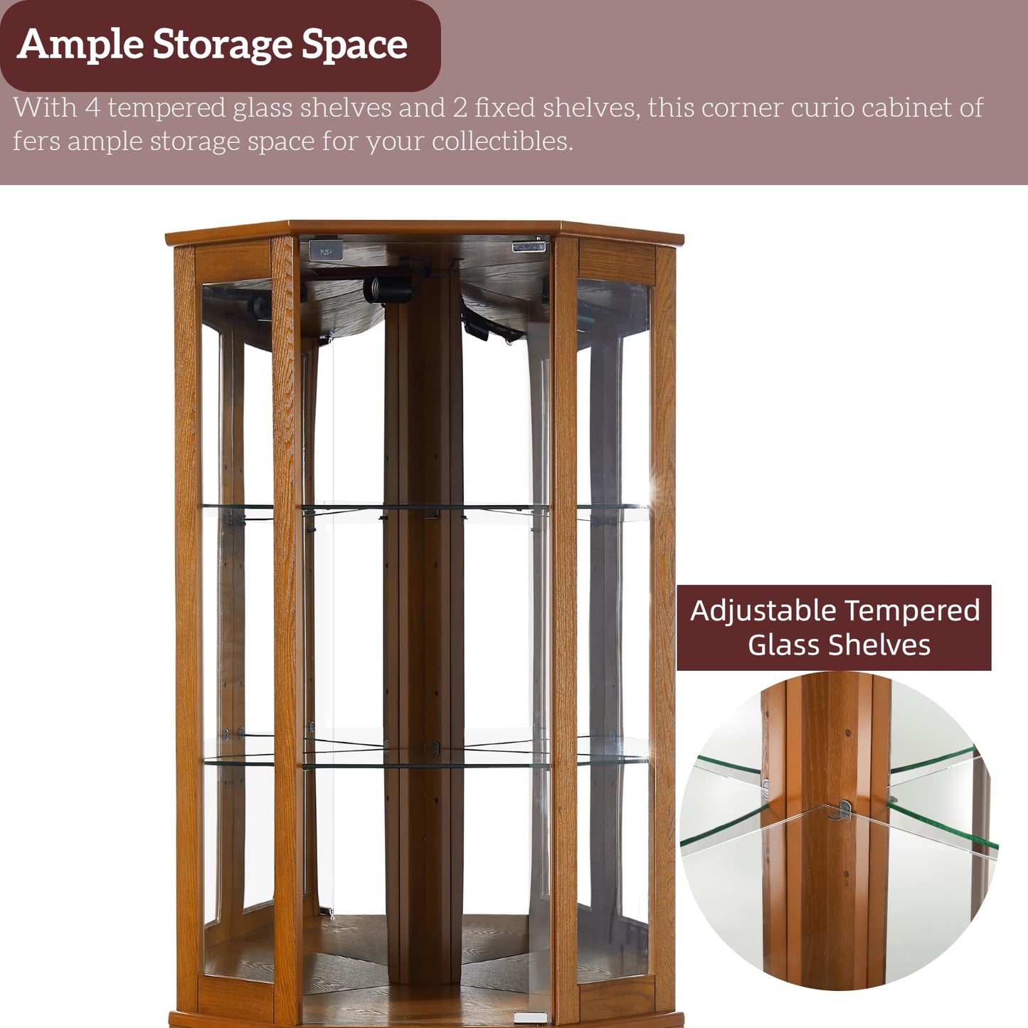 LKTART Corner Curio Cabinet with Lights, Glass Display Cabine, 72" Tall Corner Storage Cabinet with Mirrored Back Panel &Tempered Glass Doors and Adjustable Shelves (Oak)