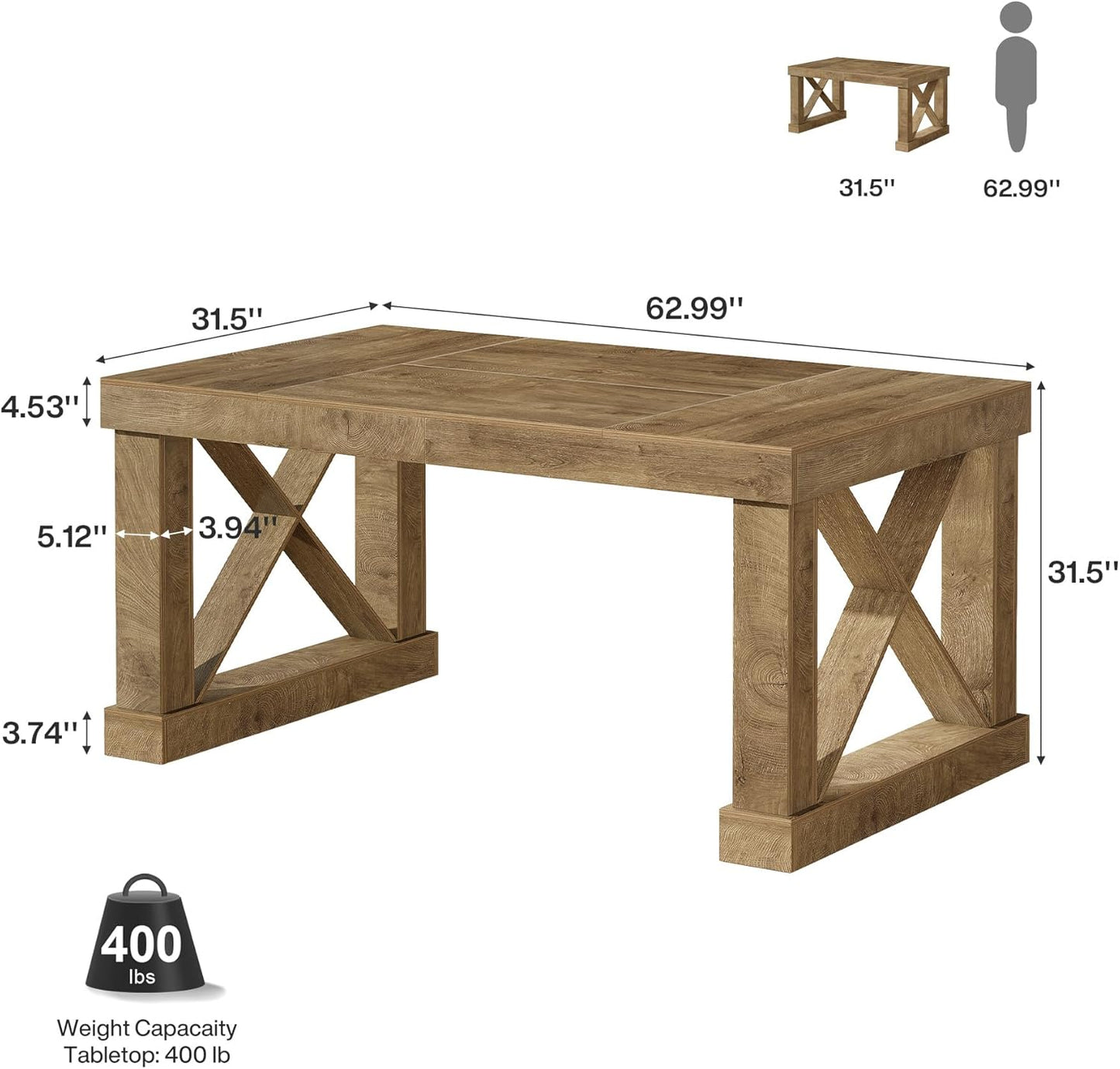 Tribesigns 63-Inch Executive Desk, Farmhouse Office Computer Desk with Sturdy Leg Structure, Rectangular Writing Table Business Furniture for Home Office, Wood Color