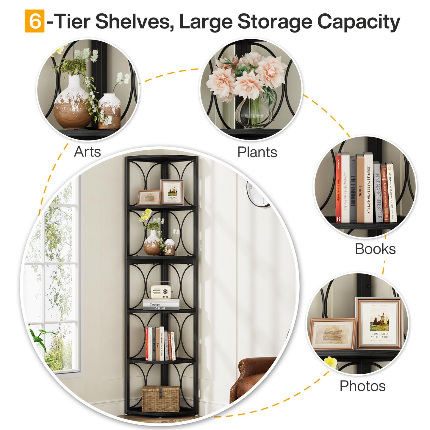 Tribesigns 67 inch Tall Corner Shelf, 6 Tier Rustic Corner Bookshelf Bookcase Storage Rack Standing Shelving Unit for Living Room, Small Space