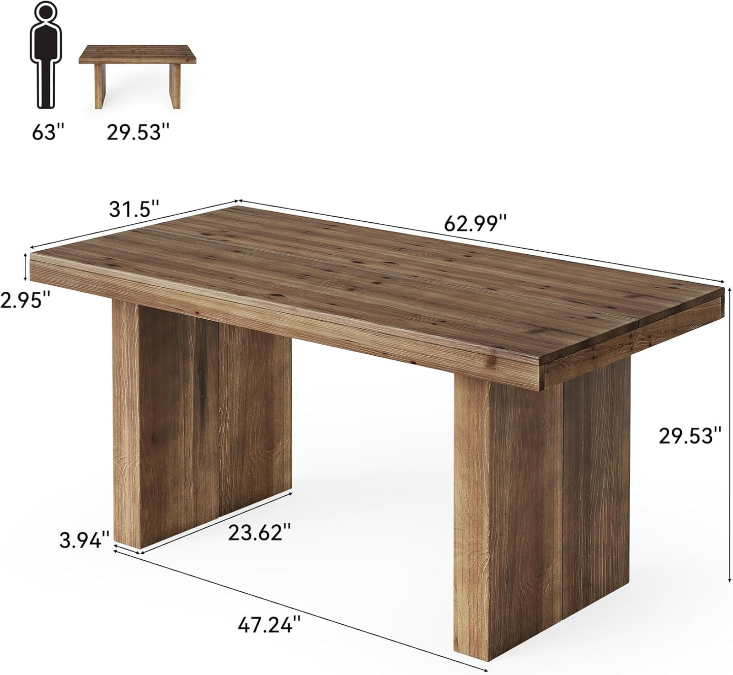63" Solid Wood Home Office Desk, Farmhouse Large Executive Computer Desk with Sturdy Wooden Legs, Study Writing Table Business Workstation with Spacious Tabletop, Rustic Dark Brown