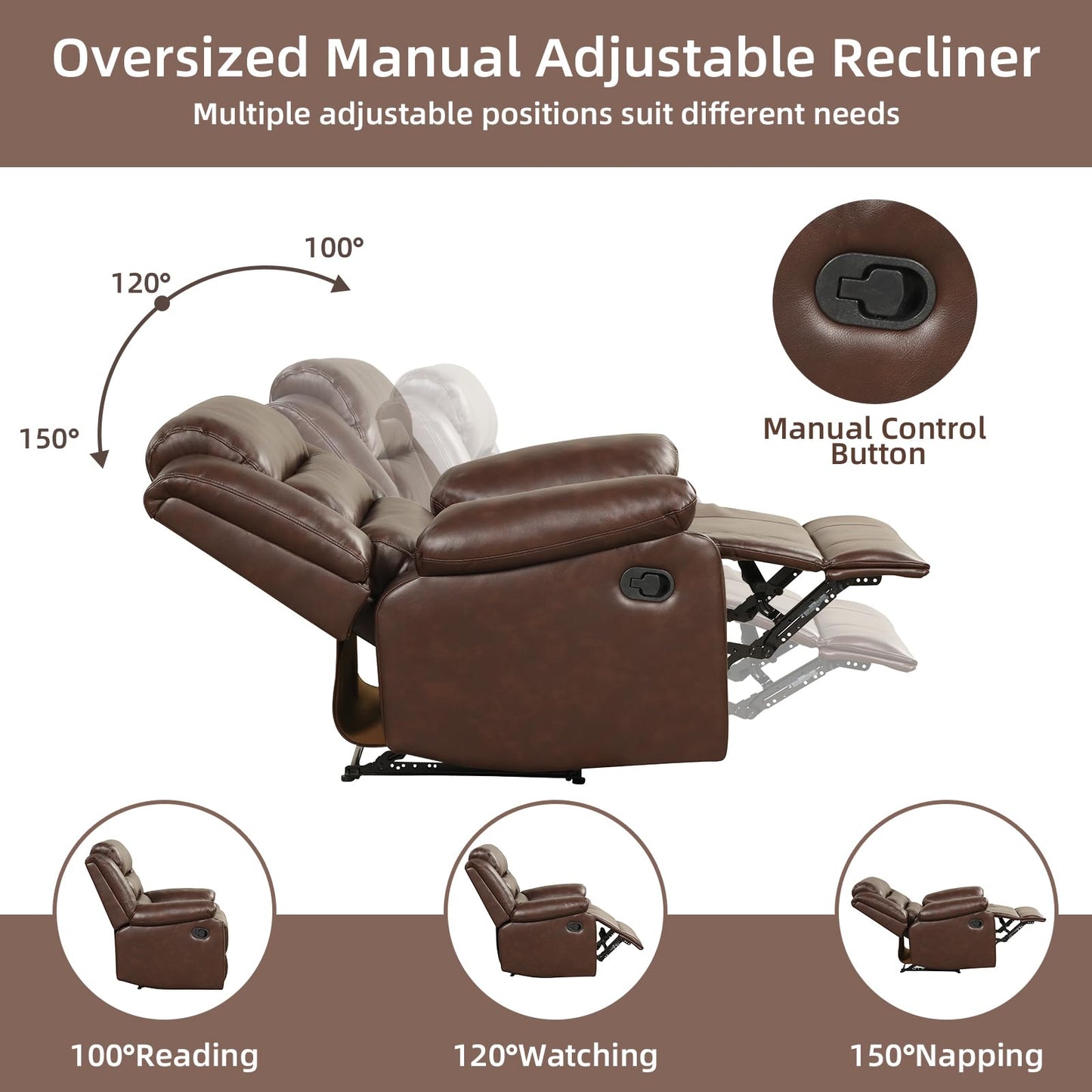 IOMOR Manual Recliner Chair with Overstuffed Arm and Extra-Padded Back, Breathable PU Leather Reclining Chair for Adults, Single Sofa for Living Room, Bedroom (Dark Brown)