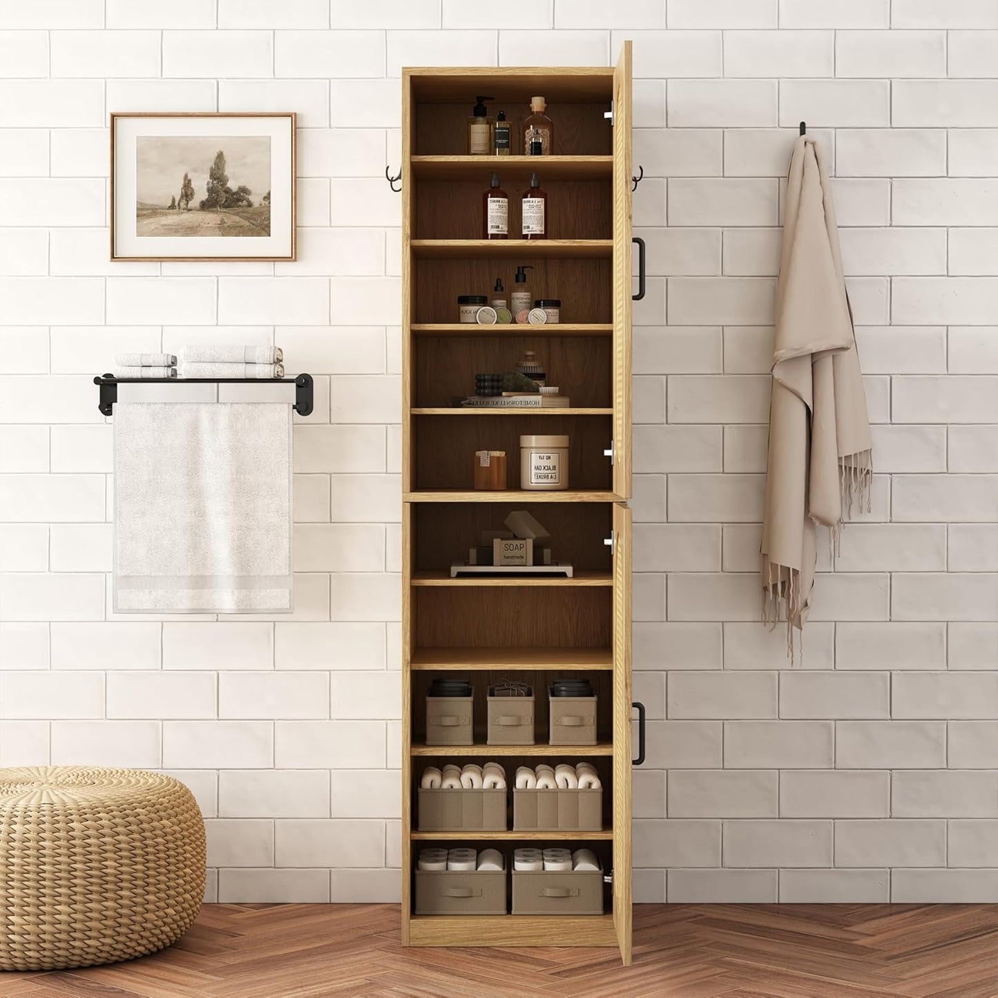 Epecoya Tall Bathroom Storage Cabinet with Rattan Doors for Toilet, 66-Inch Narrow Bath Room Organizer Space-Saving Floor Cabinets with Adjustable Shelves and 4 Hooks for Restroom, Small Spaces, Brown
