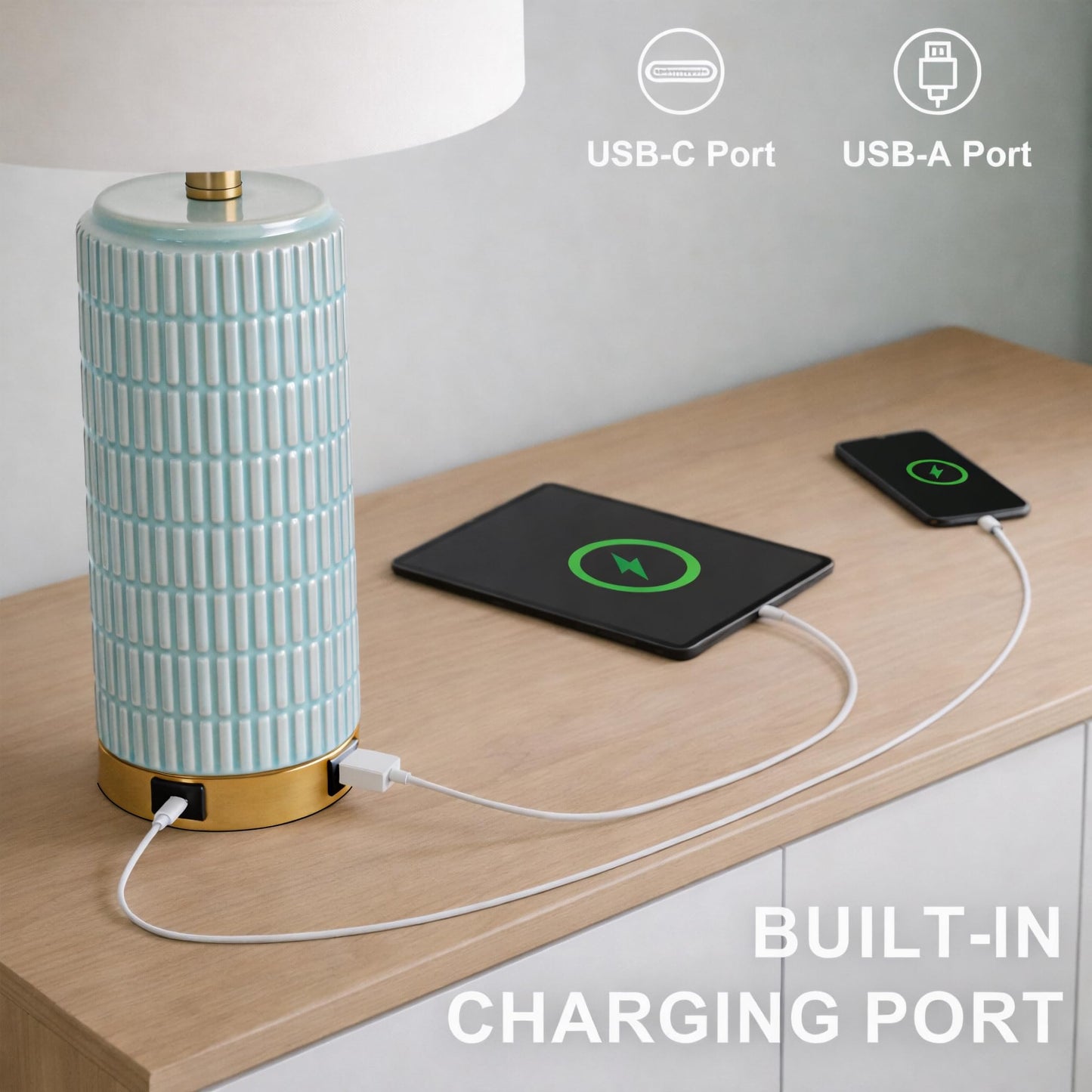 PoKat Touch Bedside Table Lamps with USB Ports for Bedroom Living Room, 25'' Dimmable Nightstand Touch Lamps for Living Room, Modern Ceramic Lamps for Night Stands Bedroom, Office, White and Beige