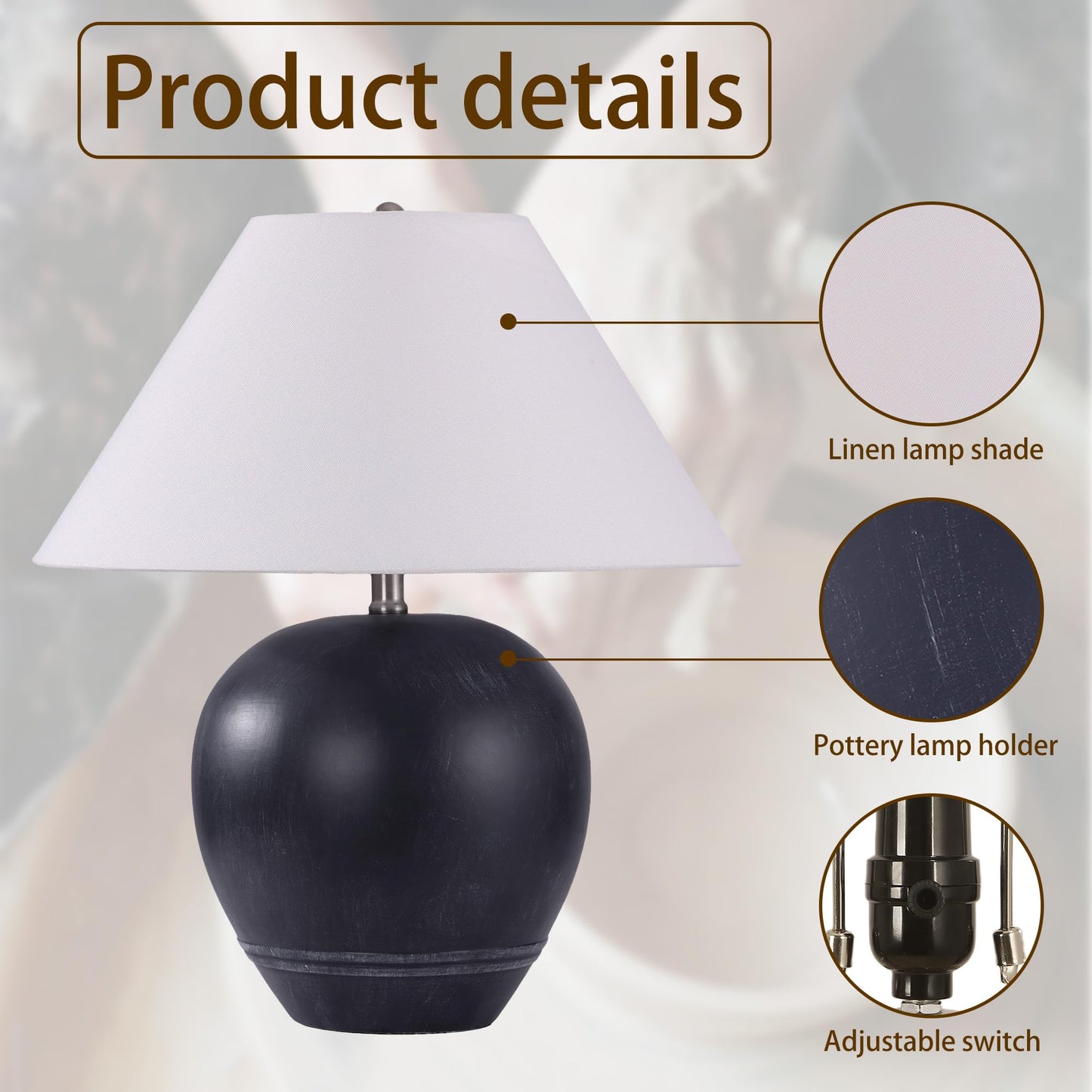 Farmhouse Ceramic Table Lamp, 21" Rustic Table Lamp with Linen Shade, 3-Way Dimmable Bedside Nightstand Lamps for Bedroom, Living Room, E26 Socket, Dark Grey