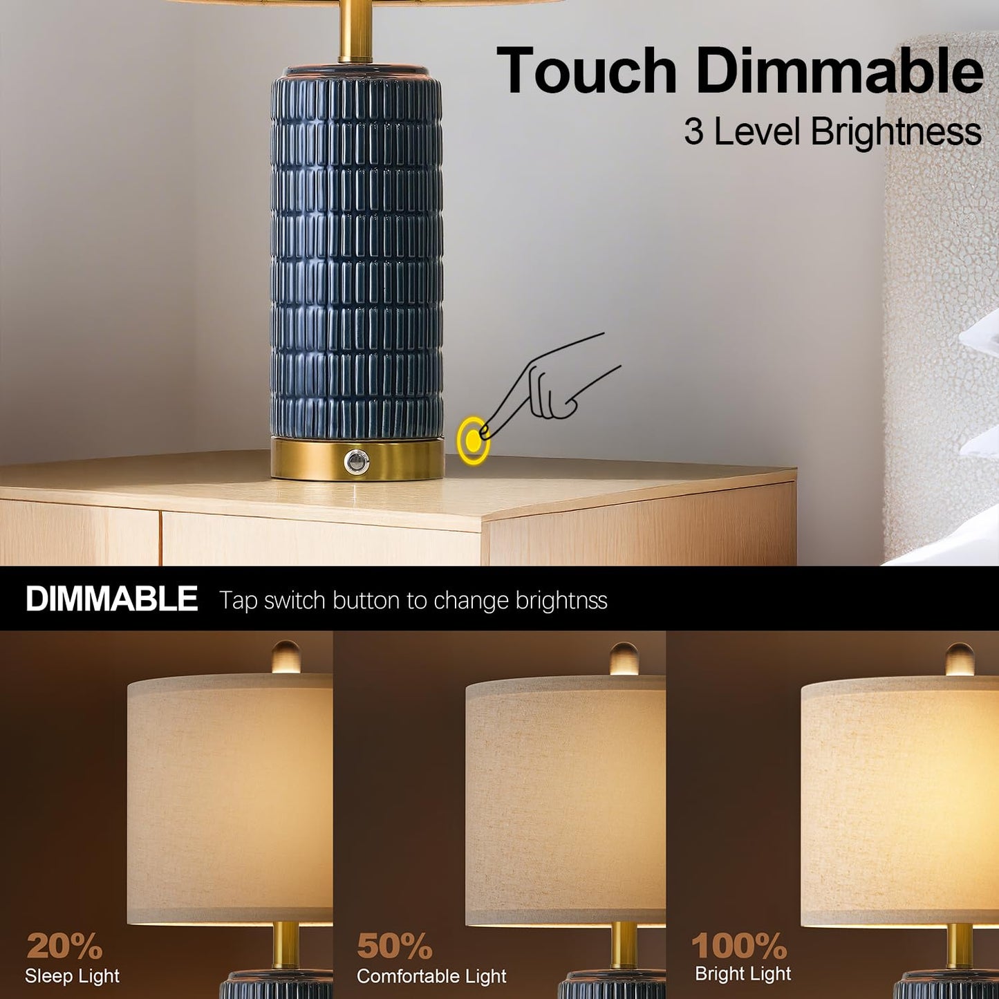 PoKat Touch Bedside Table Lamps with USB Ports for Bedroom Living Room, 25'' Dimmable Nightstand Touch Lamps for Living Room, Modern Ceramic Lamps for Night Stands Bedroom, Office, White and Beige