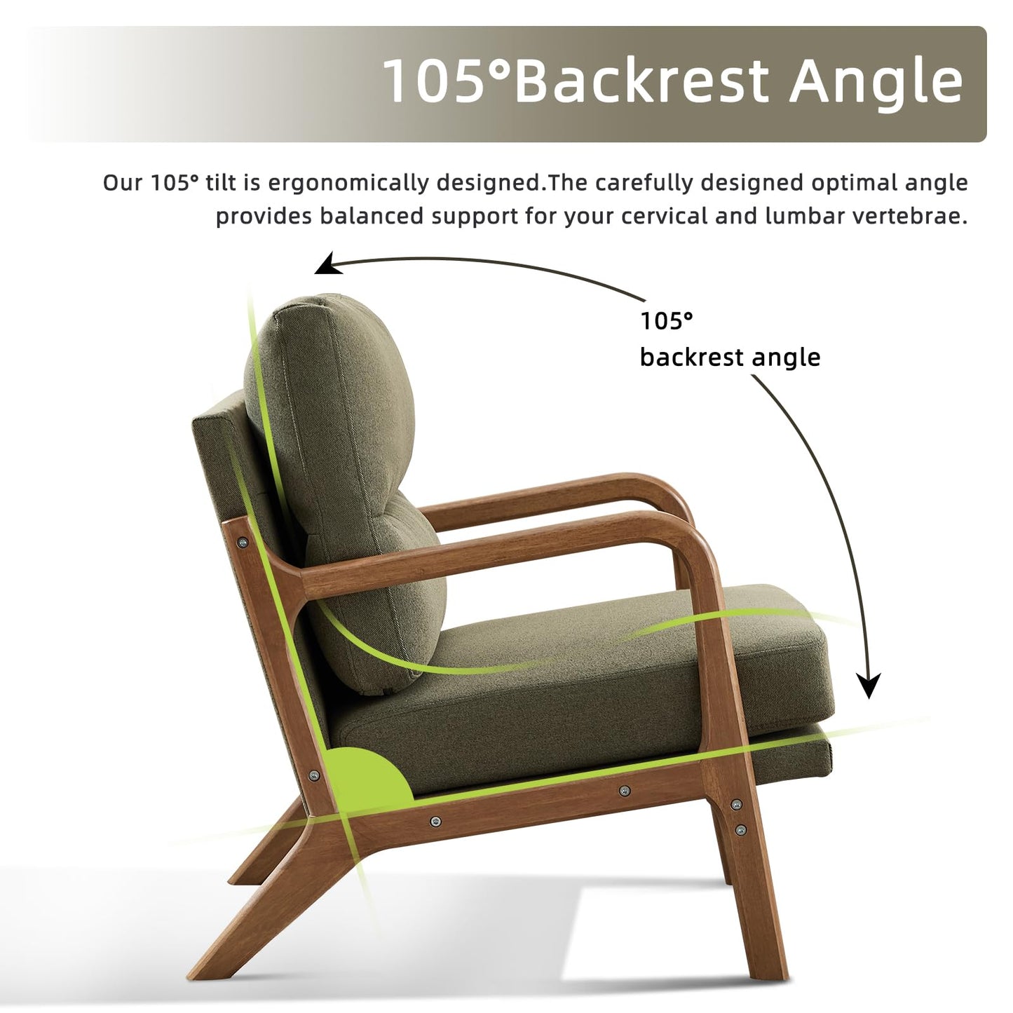 IOMOR Mid Century Modern Accent Chair with Solid Wood Frame Linen Fabric, Upholstered Living Room Chairs with Lumbar Cushion Padded Arms, Reading Armchair for Bedroom (1, Warm Beige)