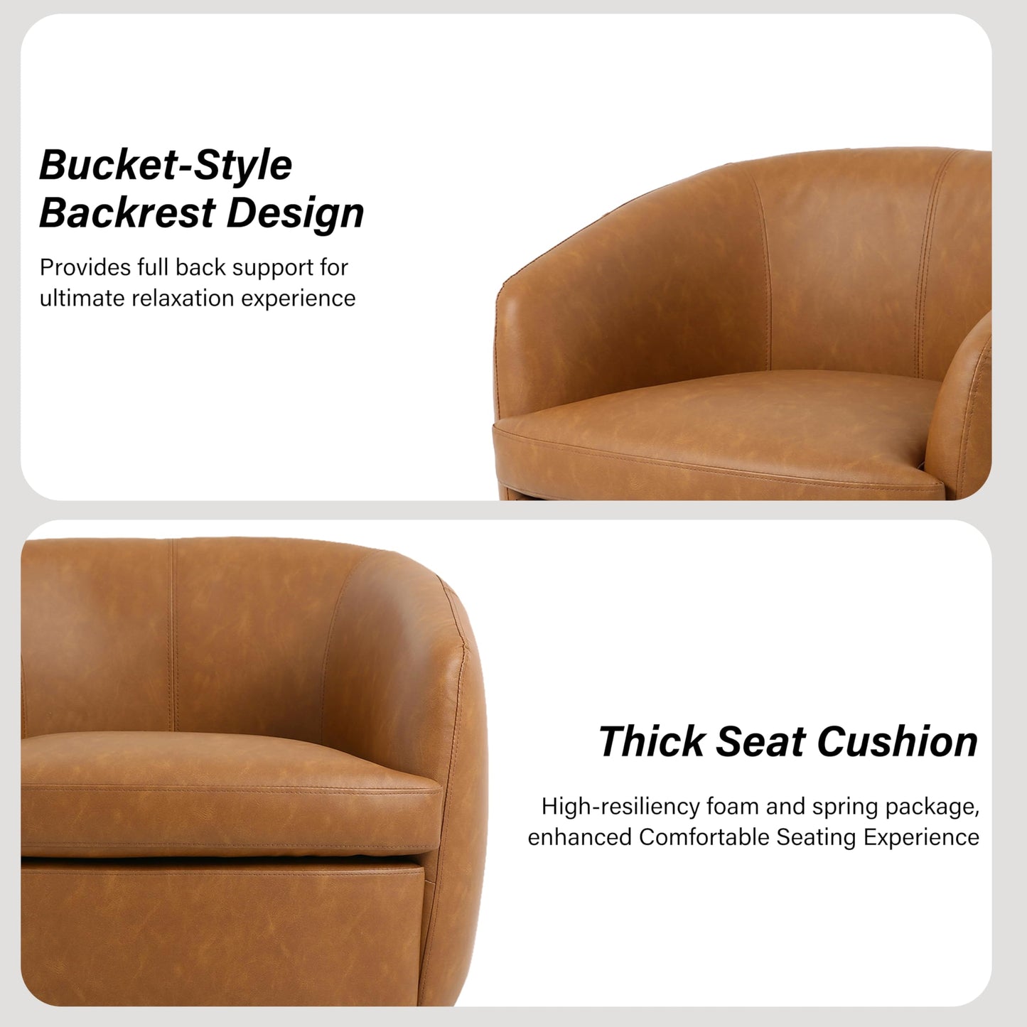 Faux Leather Swivel Barrel Chair, Modern Round Swivel Accent Chair with 360° Rotation, Upholstered Armchair Club Chair for Living Room Bedroom Office (Light Brown)