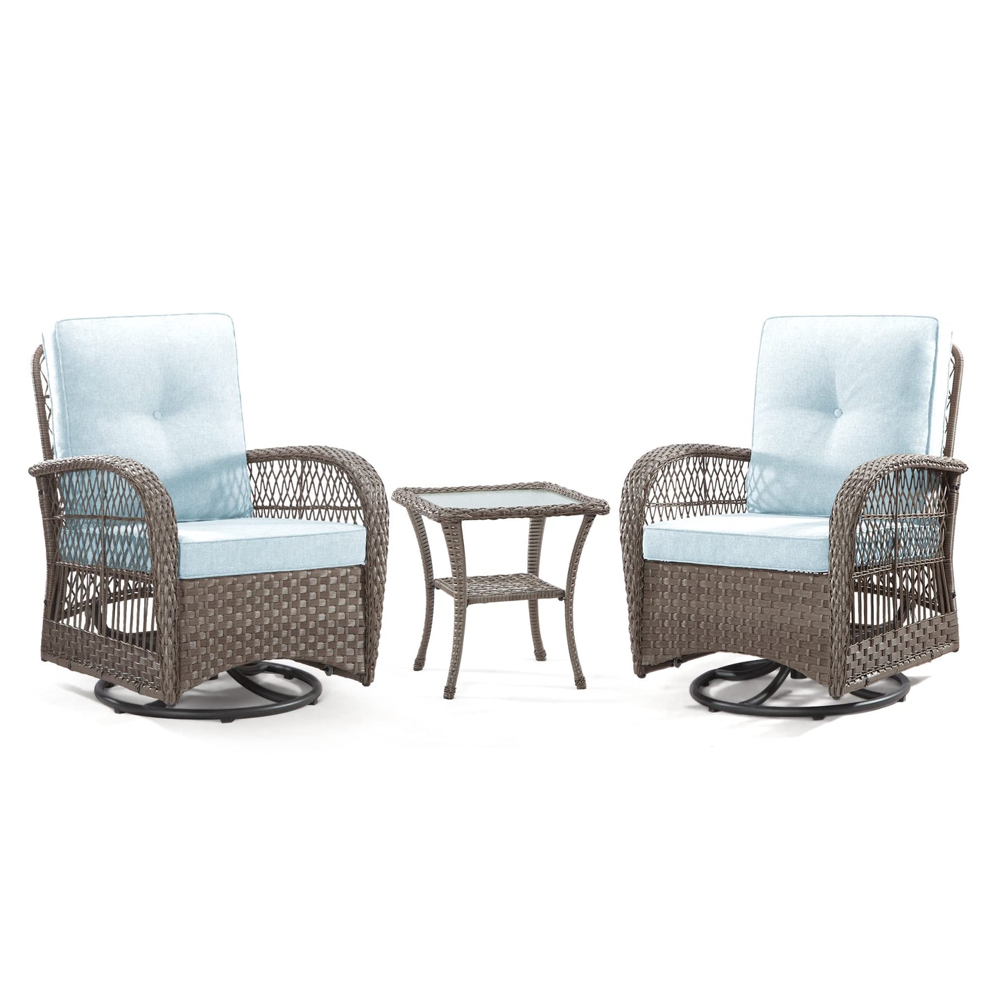 Joyside Patio Bistro Set, 3-Piece Outoodr Wicker Swivel Rocking Chair Set, Outdoor Patio Furniture Chair with Side Coffee Table & Durable Fabric Cushion(Brown/Beige)