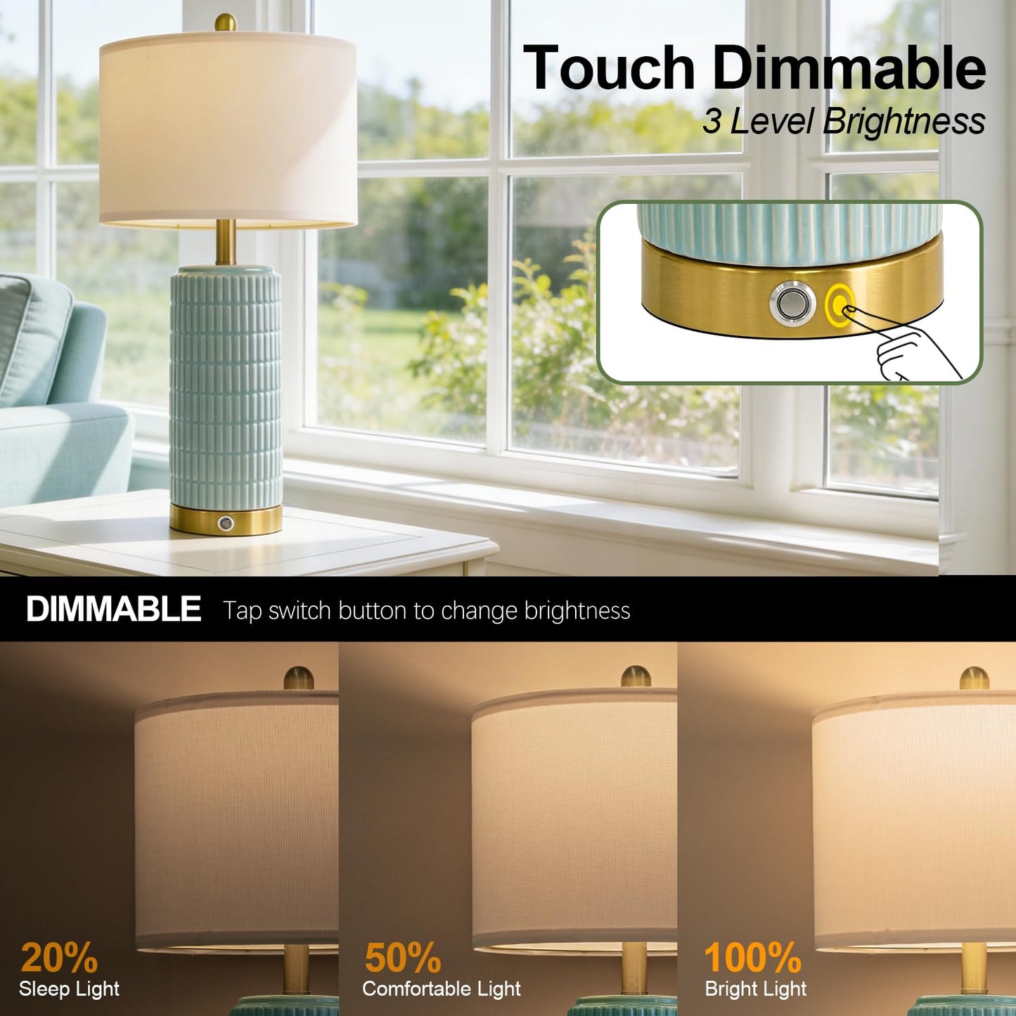 PoKat Touch Bedside Table Lamps with USB Ports for Bedroom Living Room, 25'' Dimmable Nightstand Touch Lamps for Living Room, Modern Ceramic Lamps for Night Stands Bedroom, Office, White and Beige