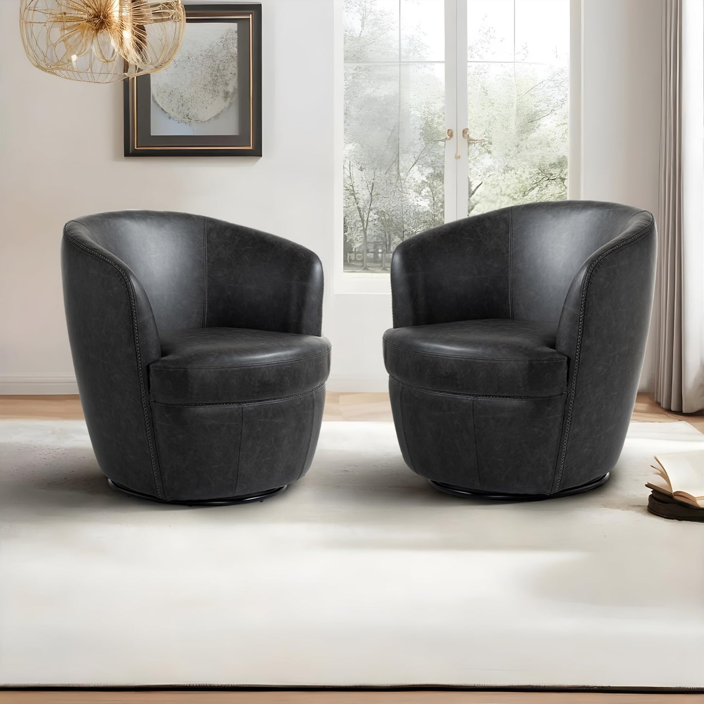 360° Swivel Barrel Accent Chair, Faux Leather Round Swivel Chair for Living Room, Comfy Upholstered Armchair Single Sofa Club Chair for Bedroom Reading Room, No Assembly Required - Light Brown