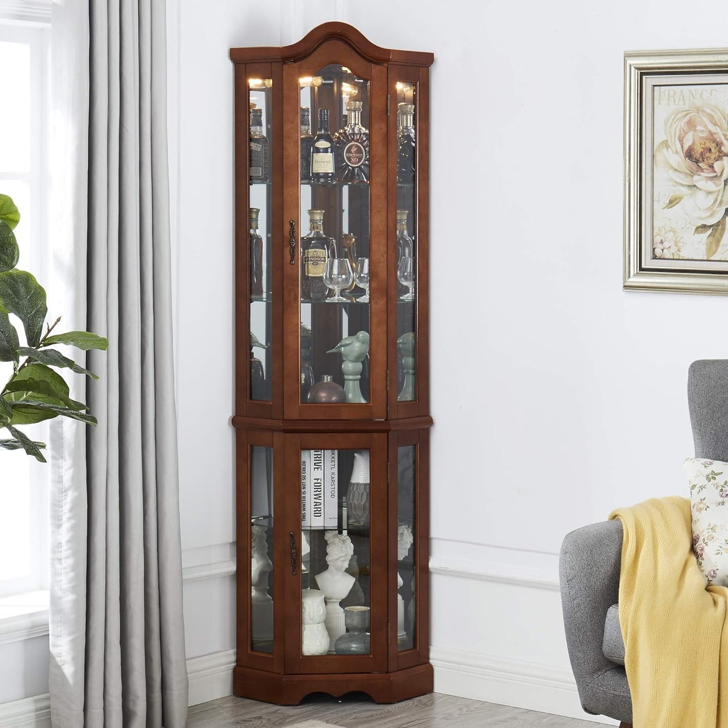 LKTART Corner Storage Cabinet,Glass Display Cabinet with Lights,Corner Curio Cabinet with Tempered Glass Doors and Shelves(70.5" T x15.4 D x 21.7" W Walnut)